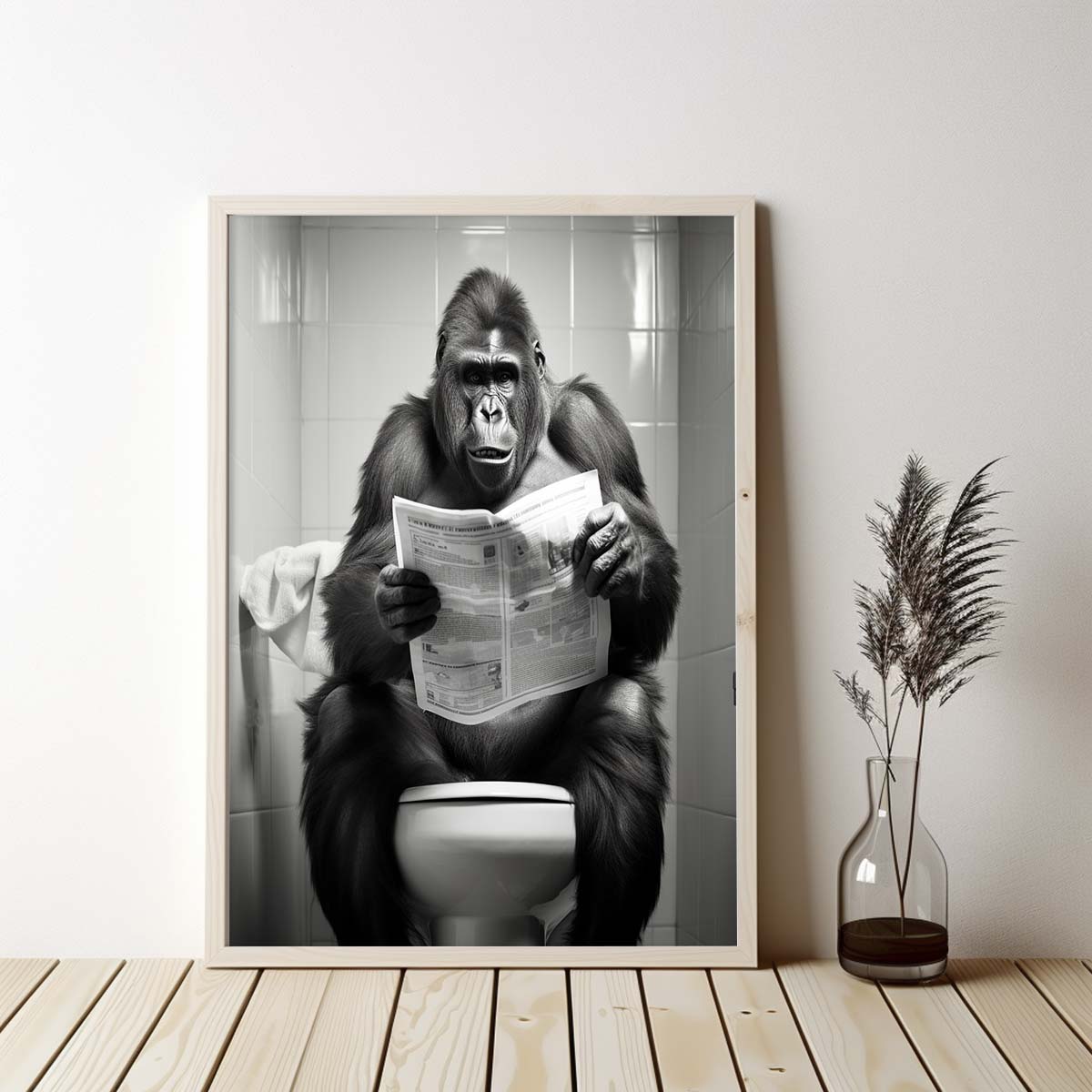 Gorilla 01 Sitting on the Toilet Reading a Newspaper, Canvas Wall Art, Funny Animals Wall Art, Funny Bathroom Wall Decor, Print Minimalist Modern Farmhouse Art Bathroom Wall Decor