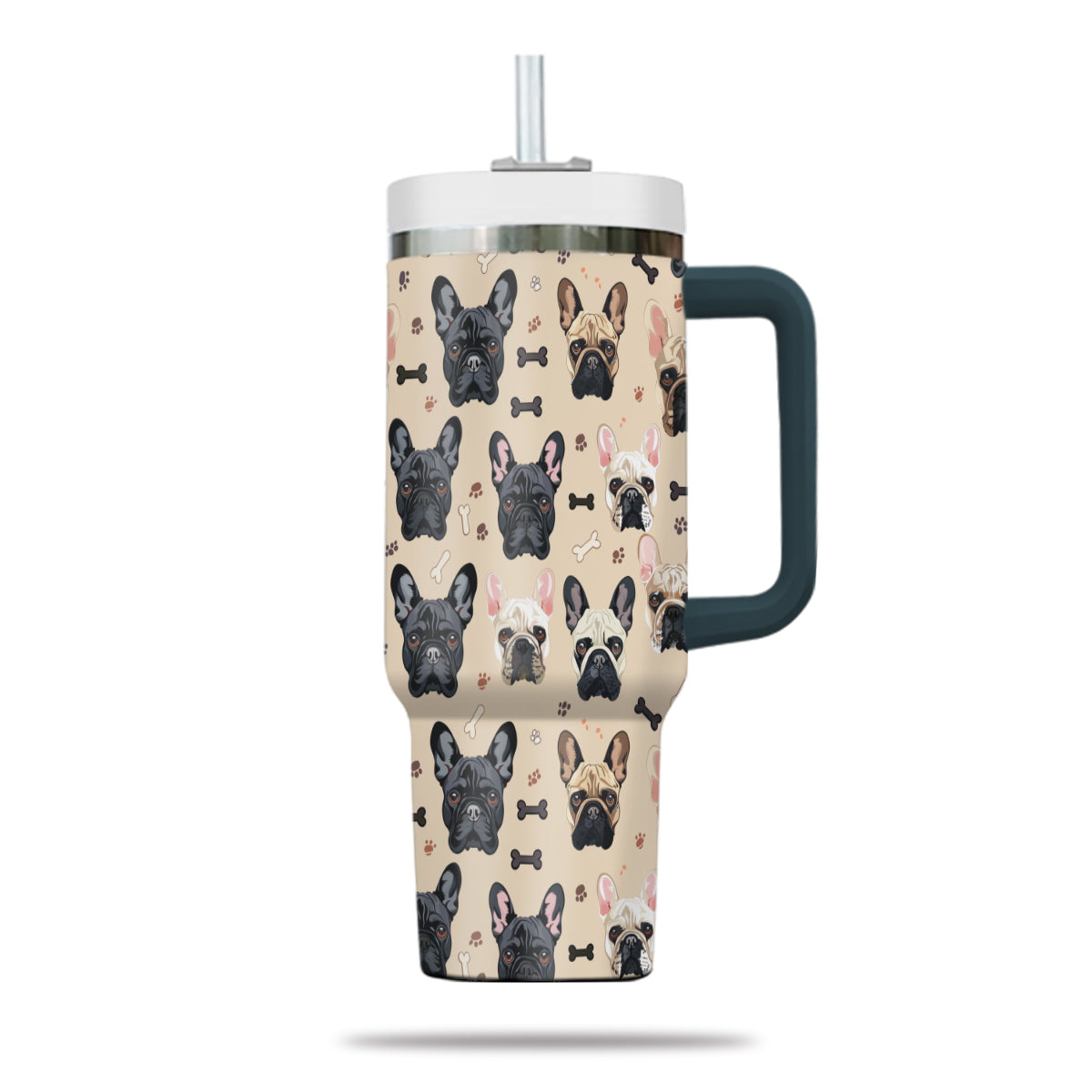 Cute French Bulldog Tumbler 40oz With Handle, French Bulldog Pattern 40oz Tumbler, Dog Paw Photo Tumbler with Straw, Dog Lover Tumbler, Stainless Steel Tumbler, Insulated Tumbler 01