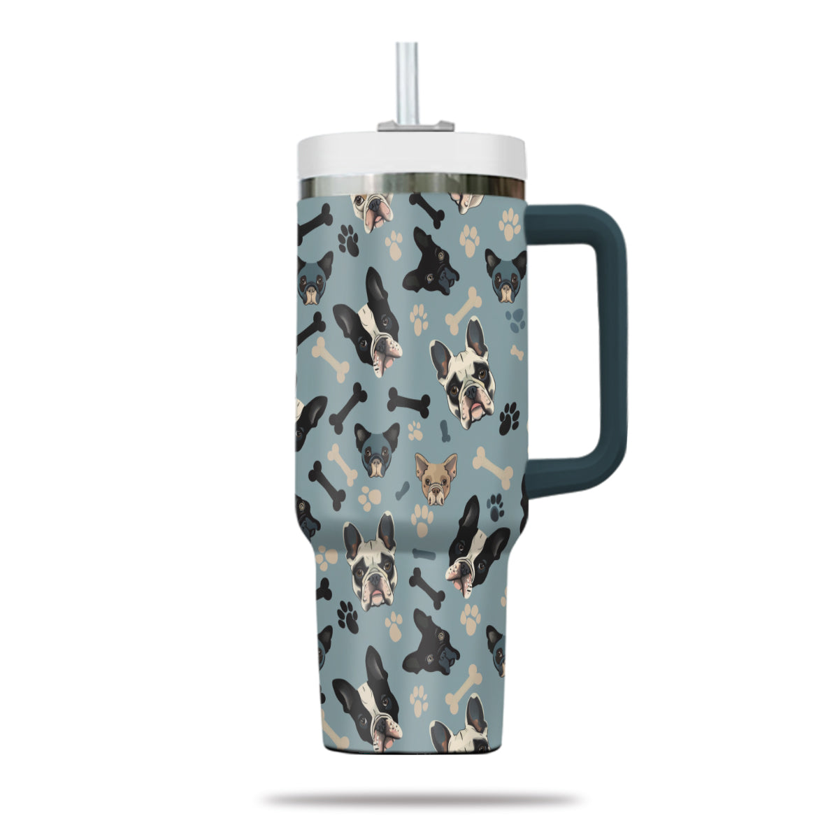 Cute French Bulldog Tumbler 40oz With Handle, French Bulldog Pattern 40oz Tumbler, Dog Paw Photo Tumbler with Straw, Dog Lover Tumbler, Stainless Steel Tumbler, Insulated Tumbler 02