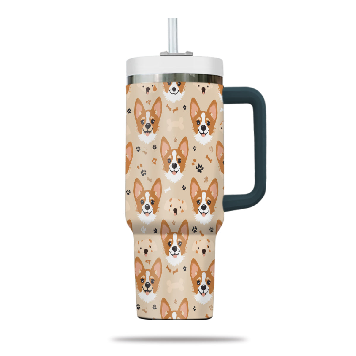 Cute Corgi Tumbler 40oz With Handle, Corgi Pattern 40oz Tumbler, Dog Paw Photo Tumbler with Straw, Dog Lover Tumbler, Stainless Steel Tumbler, Insulated Tumbler