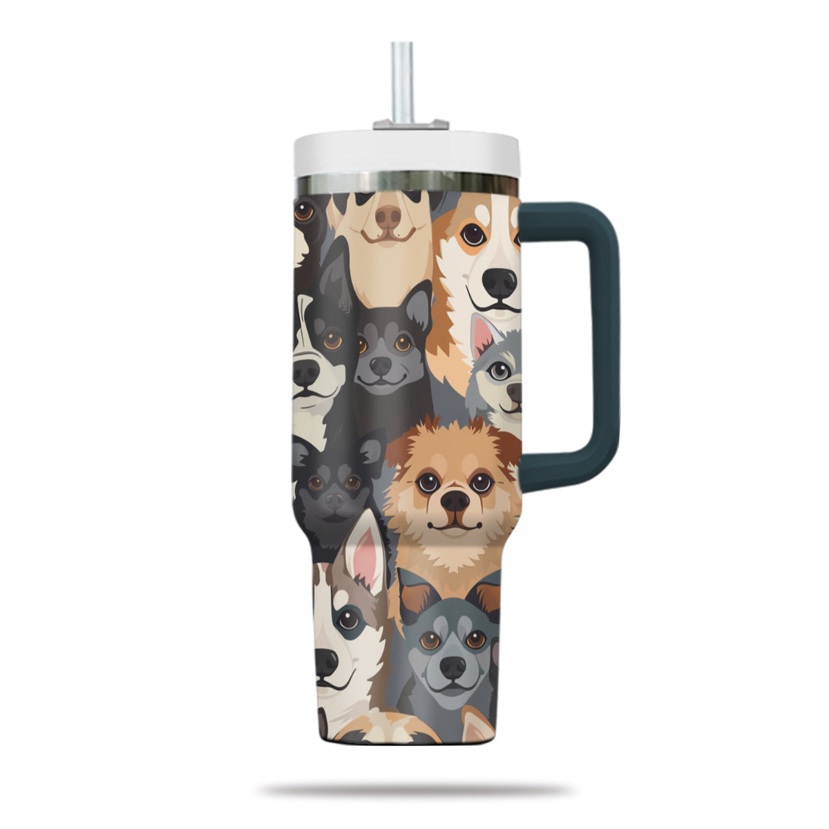 Cute Dog Tumbler 40oz With Handle, Dog Face Pattern 40oz Tumbler, Puppies Tumbler with Straw, Dog Lover Tumbler, Stainless Steel Tumbler, Insulated Tumbler 05