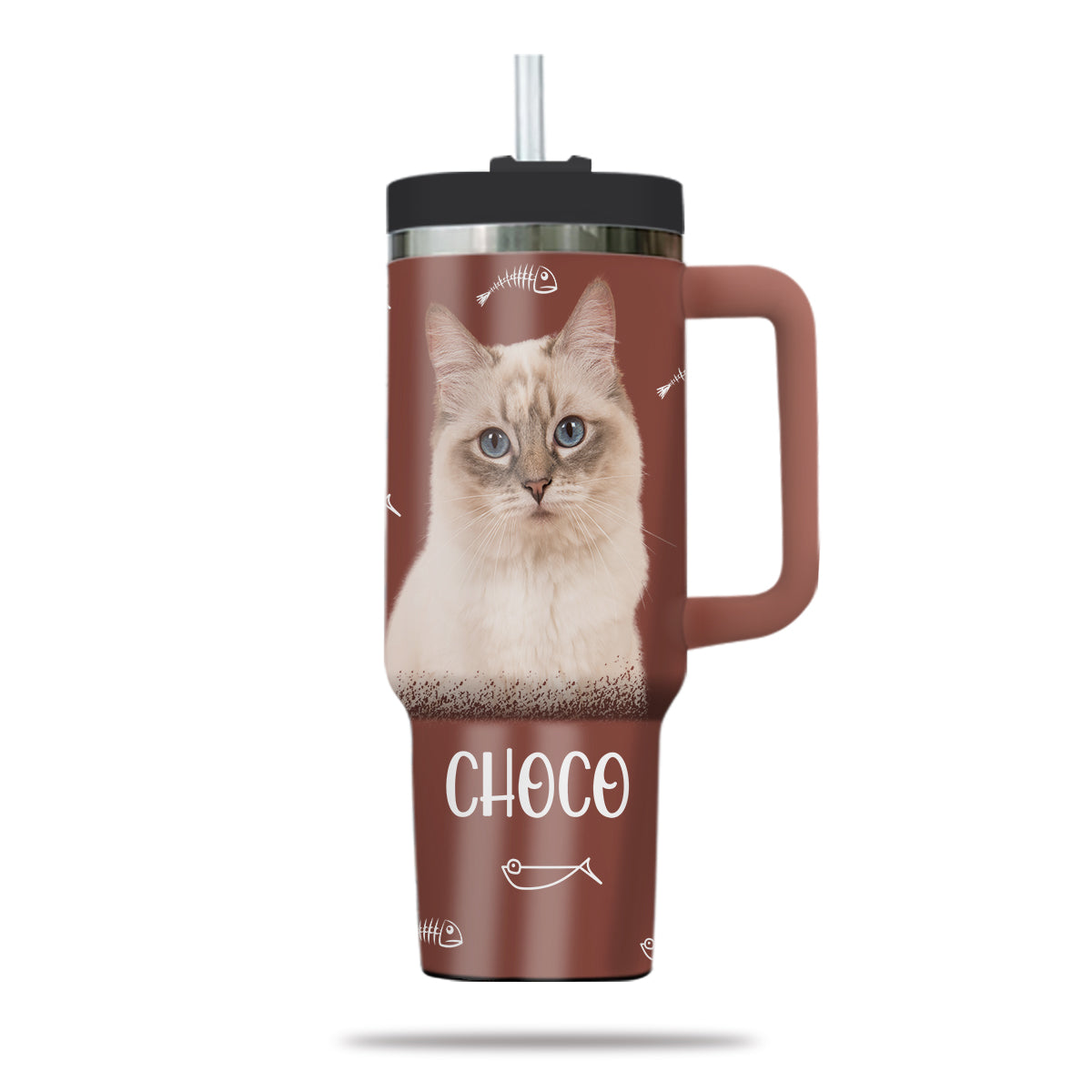 Custom Pet Photo Tumbler 40oz With Handle, Watercolor Pet Portrait From Photo Tumbler,  Personalized Cat Face Photo Tumbler with Straw, Cat Lover Tumbler, Stainless Steel Tumbler, Insulated Tumbler 16