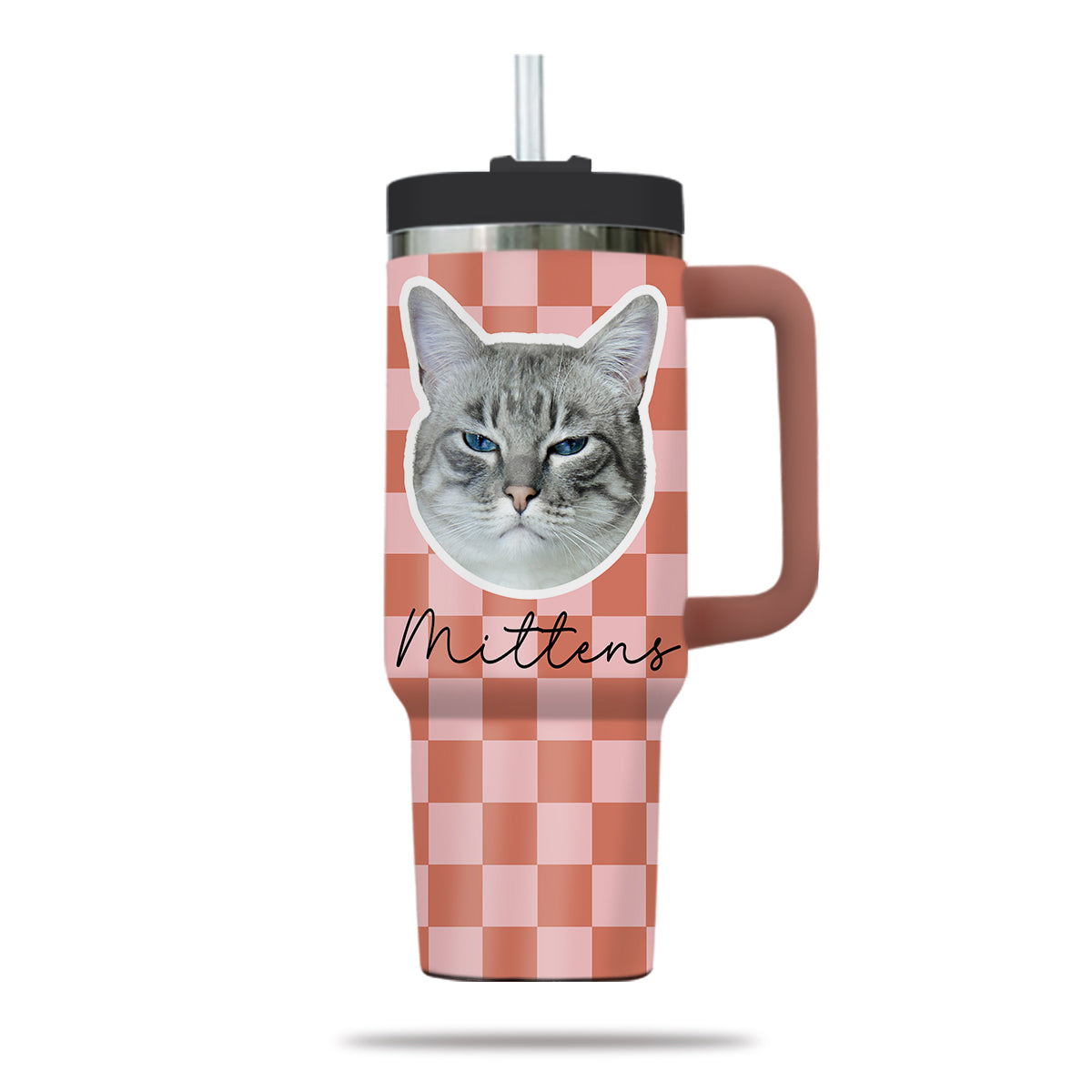 Custom Pet Portrait Tumbler With Pet Name Photo, Custom Dog Tumbler Personalized Cat Tumbler 40oz With Handle, Custom Checkered Tumbler Puppy Gift Pet Travel Mug, Stainless Steel Tumbler, Insulated Tumbler 17