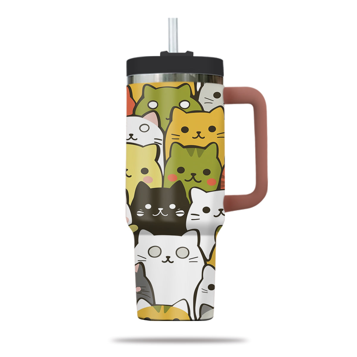 Cute Cat Tumbler 40oz With Handle, Cat Pattern 40oz Tumbler, Cat Lover Tumbler 40oz, Stainless Steel Tumbler, Insulated Tumbler 25