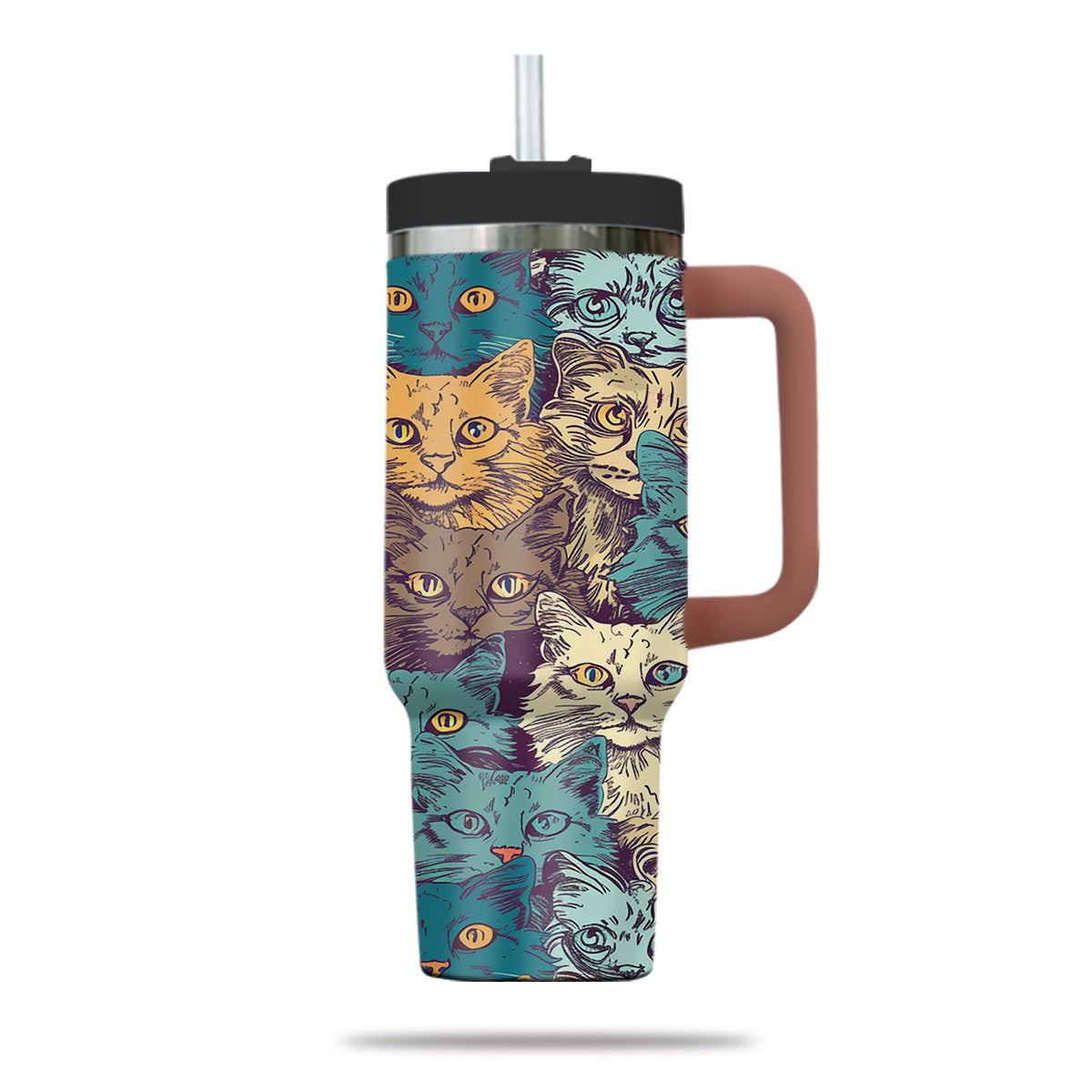 Cute Cat Tumbler 40oz With Handle, Cat Pattern 40oz Tumbler, Cat Lover Tumbler 40oz, Stainless Steel Tumbler, Insulated Tumbler 24