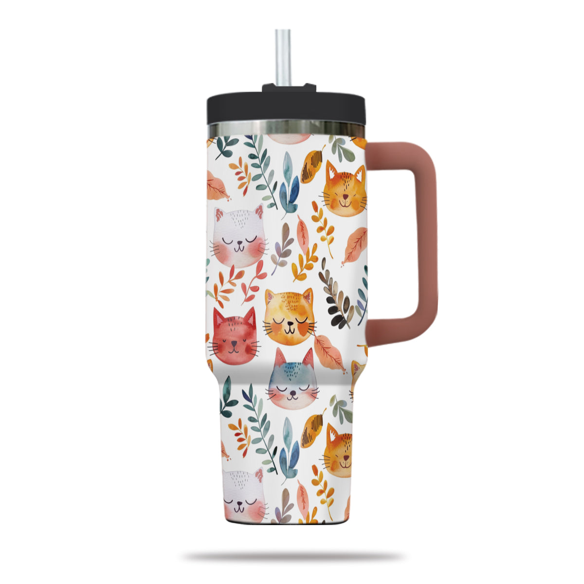 Cute Cat Tumbler 40oz With Handle, Cat Pattern 40oz Tumbler, Cat Lover Tumbler 40oz, Stainless Steel Tumbler, Insulated Tumbler 12