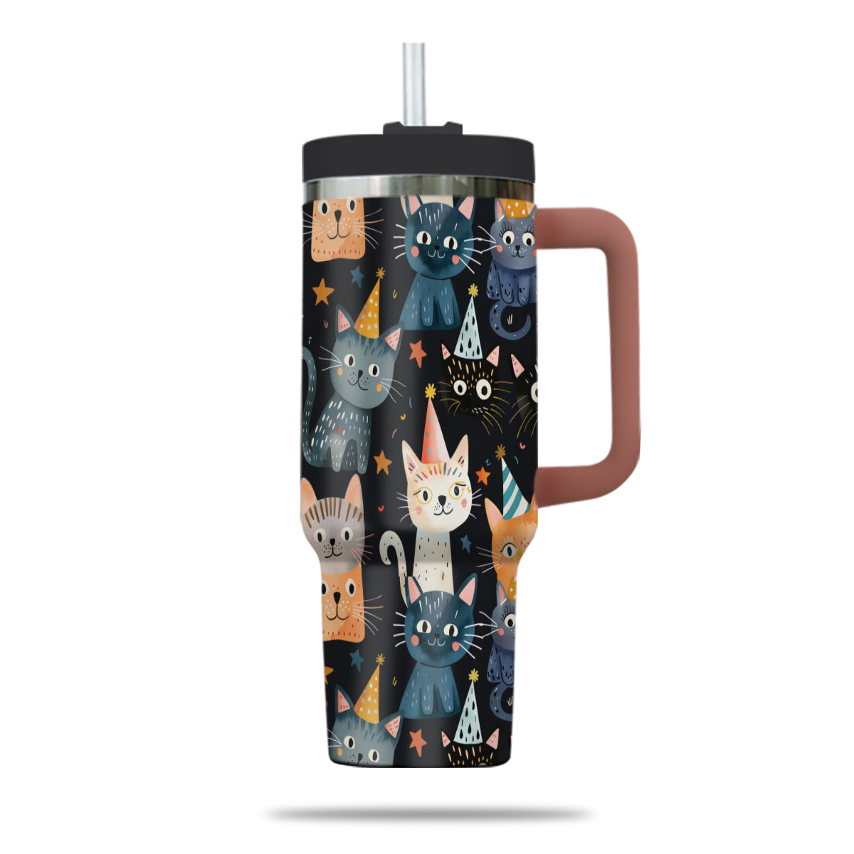 Cute Cat Tumbler 40oz With Handle, Cat Pattern 40oz Tumbler, Cat Lover Tumbler 40oz, Stainless Steel Tumbler, Insulated Tumbler 14