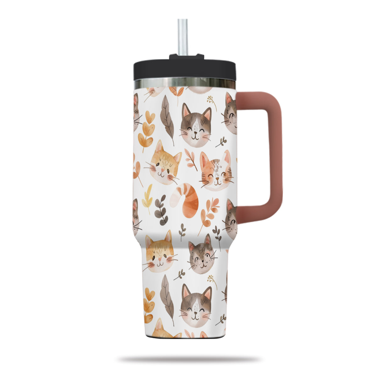 Cute Cat Tumbler 40oz With Handle, Cat Pattern 40oz Tumbler, Cat Lover Tumbler 40oz, Stainless Steel Tumbler, Insulated Tumbler 15