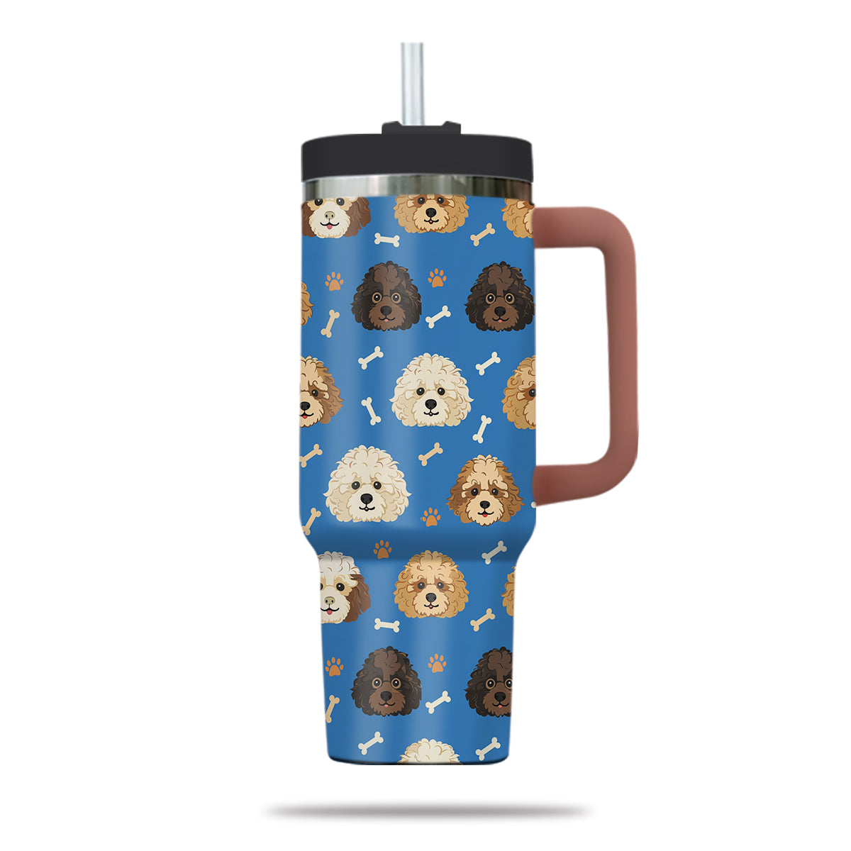 Cute Poodle Tumbler 40oz With Handle, Poodle Pattern 40oz Tumbler, Dog Paw Photo Tumbler with Straw, Dog Lover Tumbler, Stainless Steel Tumbler, Insulated Tumbler 01