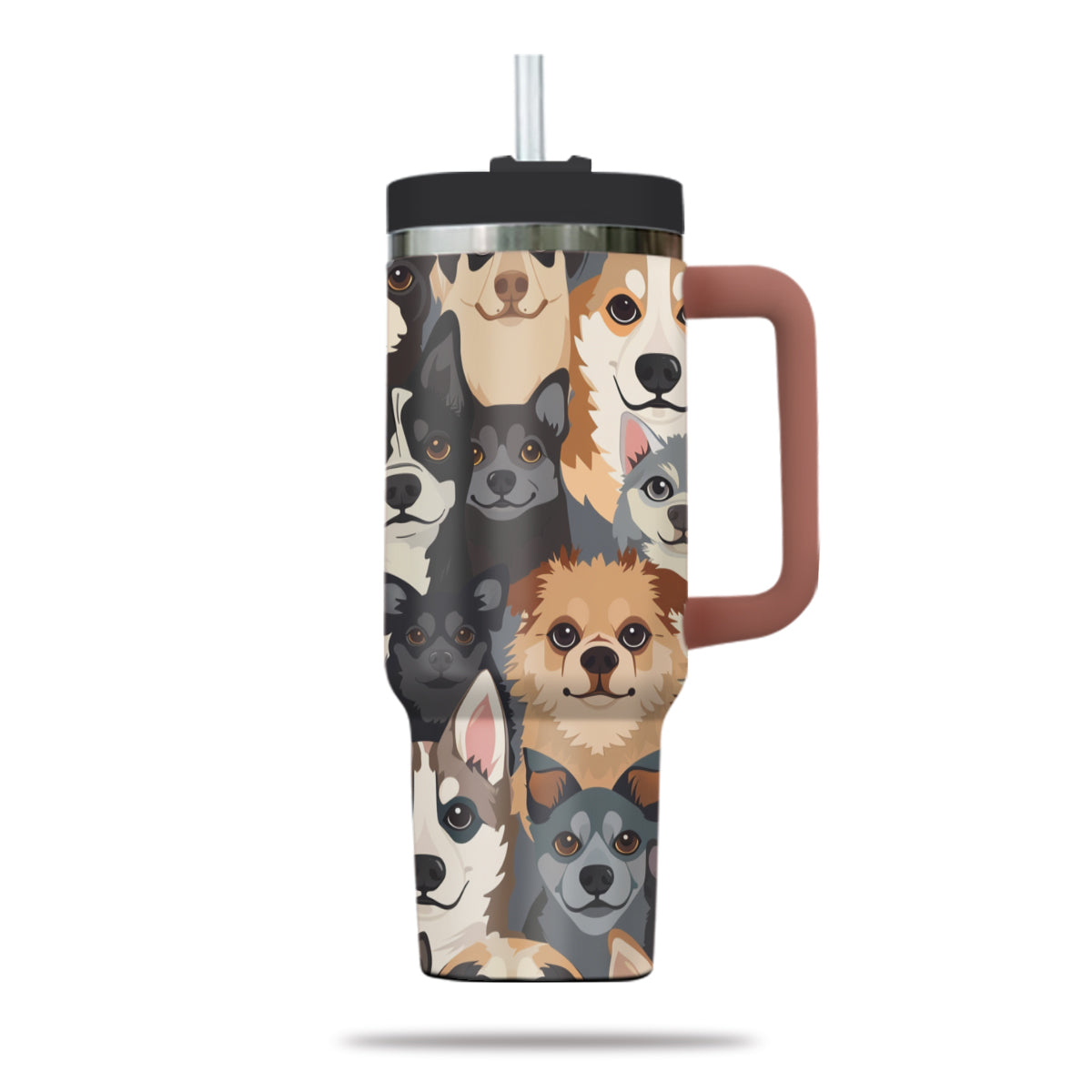 Cute Dog Tumbler 40oz With Handle, Dog Face Pattern 40oz Tumbler, Puppies Tumbler with Straw, Dog Lover Tumbler, Stainless Steel Tumbler, Insulated Tumbler 05