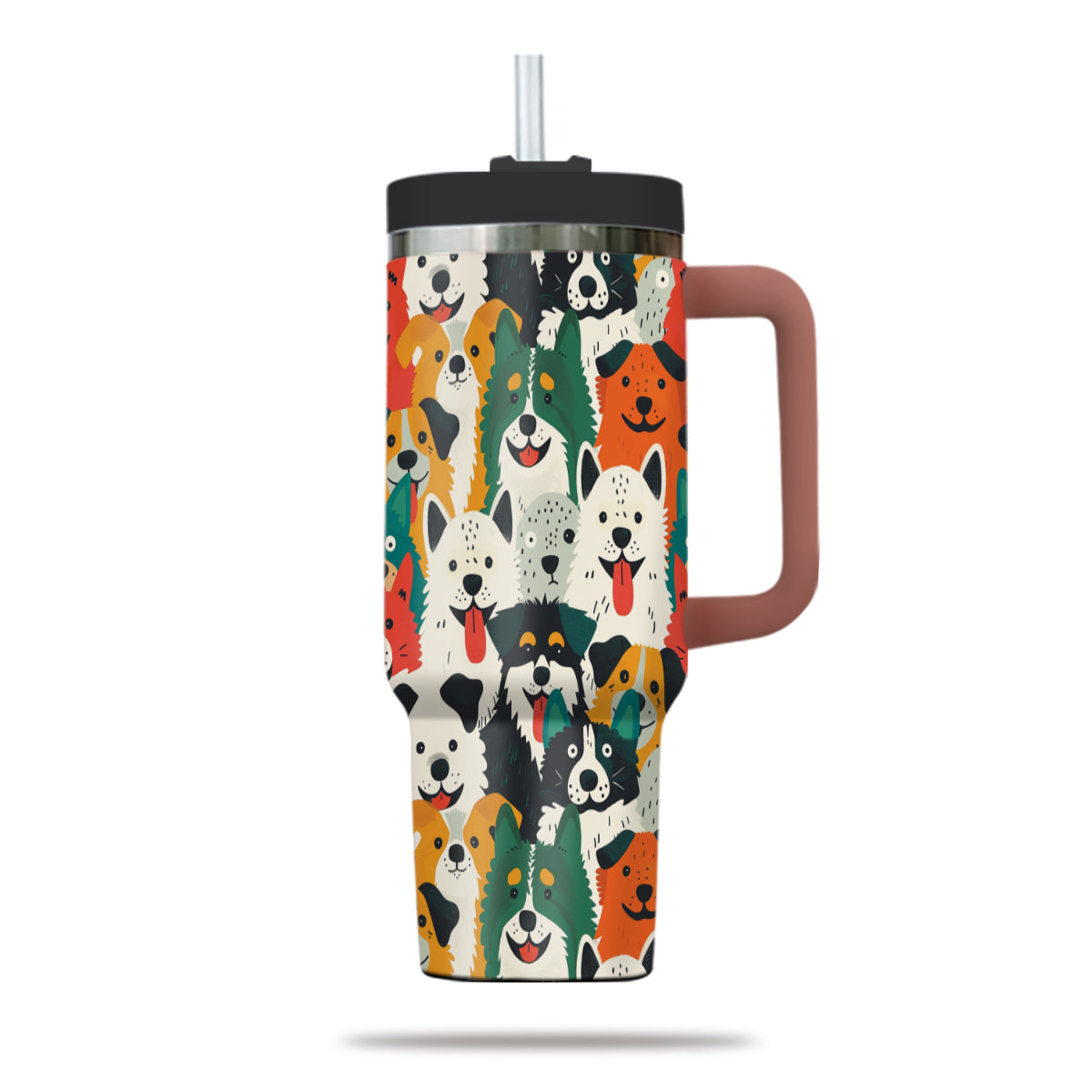 Cute Dog Tumbler 40oz With Handle, Dog Face Pattern 40oz Tumbler, Puppies Tumbler with Straw, Dog Lover Tumbler, Stainless Steel Tumbler, Insulated Tumbler 01