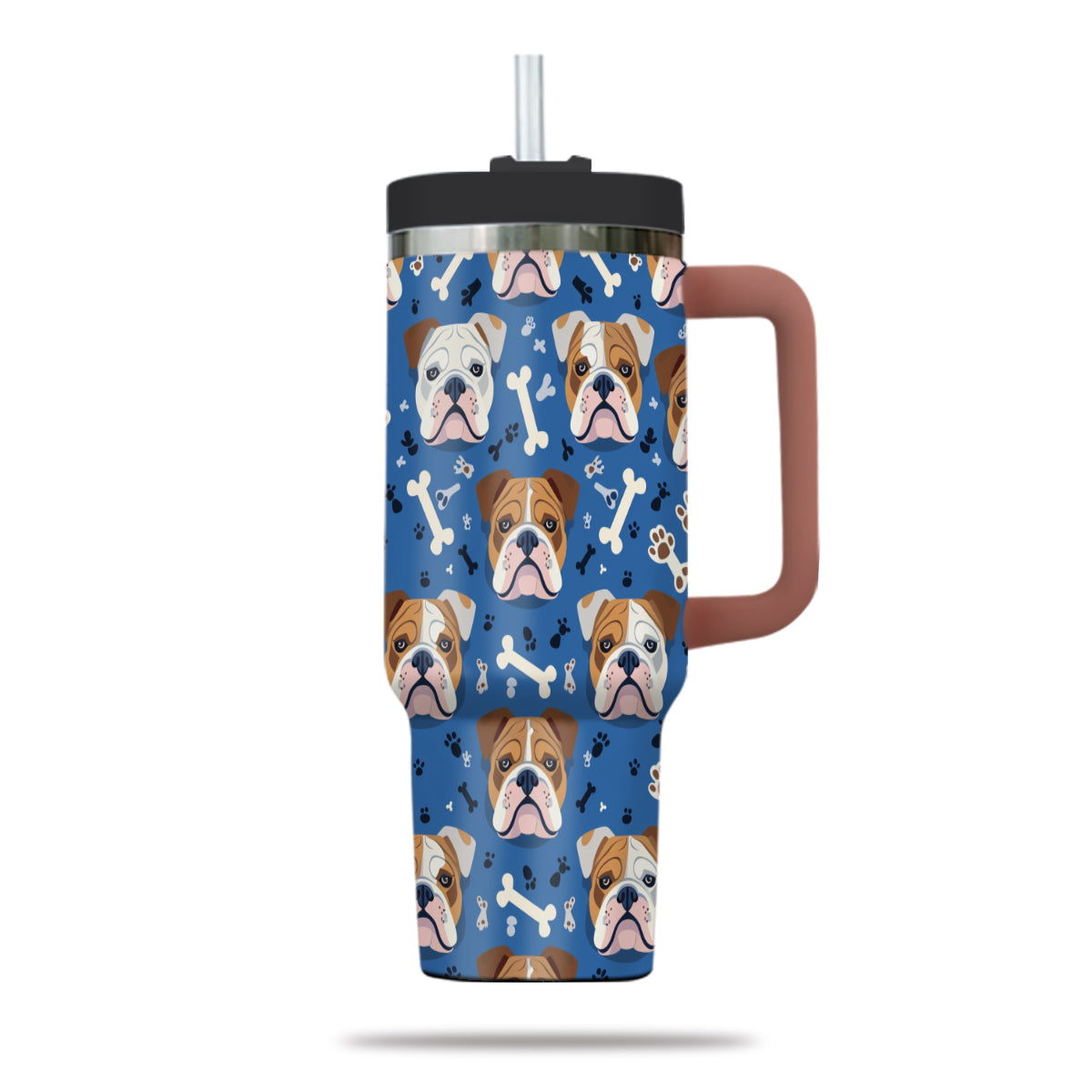 Cute Bulldog Tumbler 40oz With Handle, Bulldog Pattern 40oz Tumbler, Dog Paw Photo Tumbler with Straw, Dog Lover Tumbler, Stainless Steel Tumbler, Insulated Tumbler