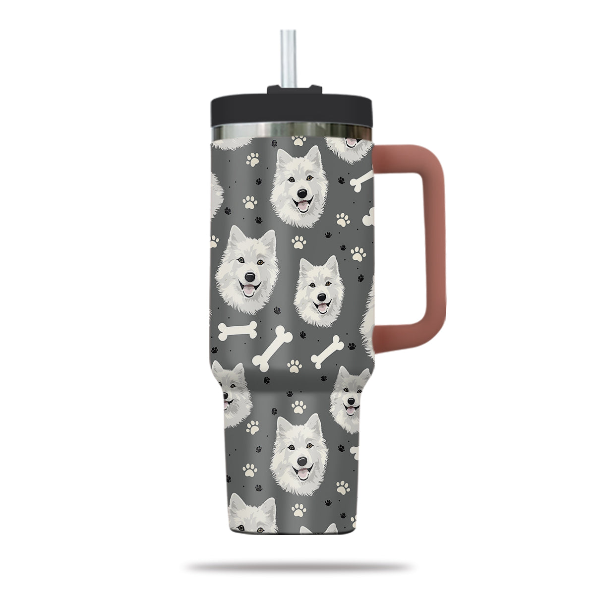 Cute Samoyed Tumbler 40oz With Handle, Samoyed Pattern 40oz Tumbler, Dog Paw Photo Tumbler with Straw, Dog Lover Tumbler, Stainless Steel Tumbler, Insulated Tumbler 02