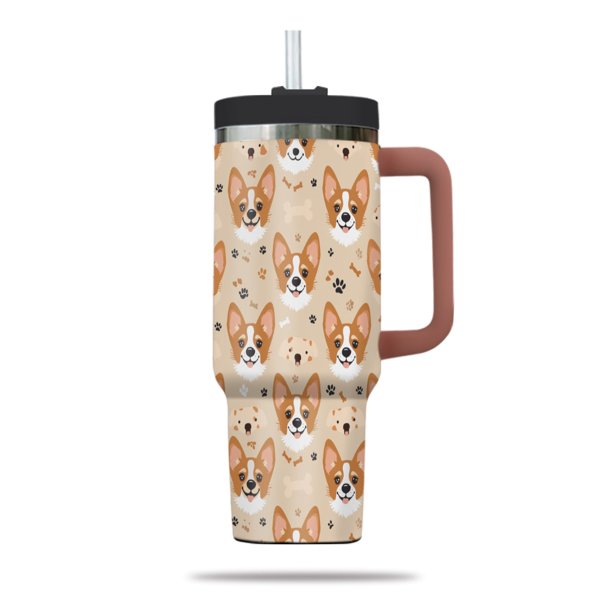 Cute Corgi Tumbler 40oz With Handle, Corgi Pattern 40oz Tumbler, Dog Paw Photo Tumbler with Straw, Dog Lover Tumbler, Stainless Steel Tumbler, Insulated Tumbler