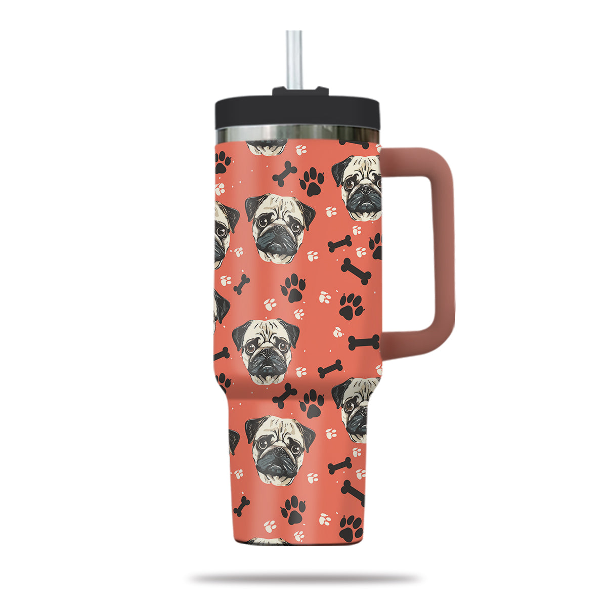 Cute Pug Tumbler 40oz With Handle, Pug Pattern 40oz Tumbler, Dog Paw Photo Tumbler with Straw, Dog Lover Tumbler, Stainless Steel Tumbler, Insulated Tumbler