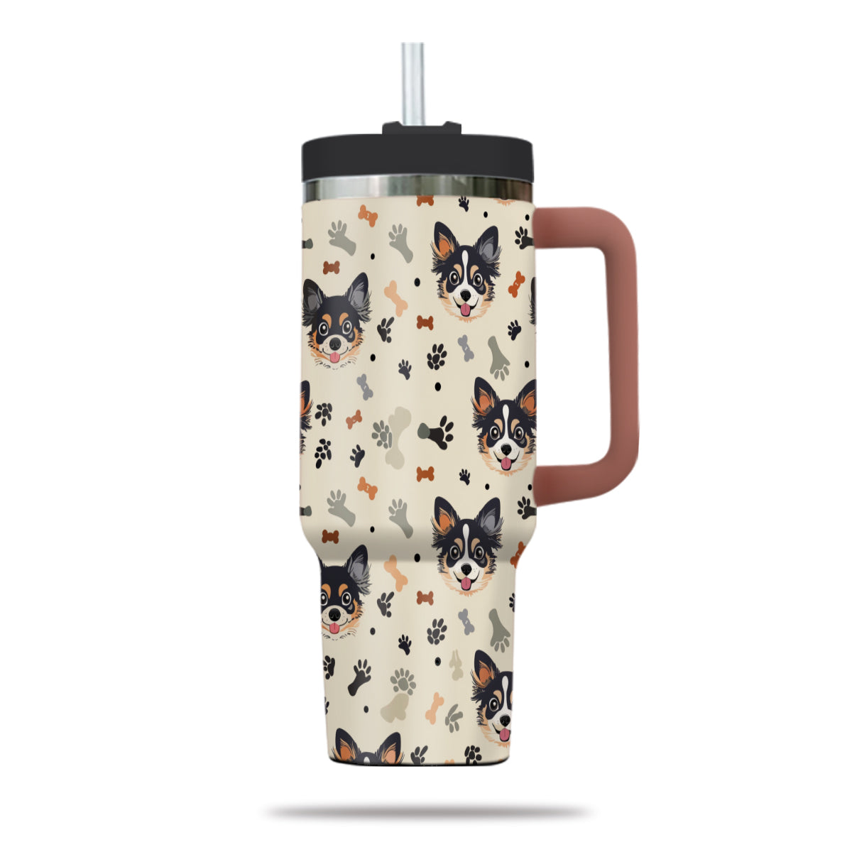 Cute Chihuahua Tumbler 40oz With Handle, Chihuahua Pattern 40oz Tumbler, Dog Paw Photo Tumbler with Straw, Dog Lover Tumbler, Stainless Steel Tumbler, Insulated Tumbler