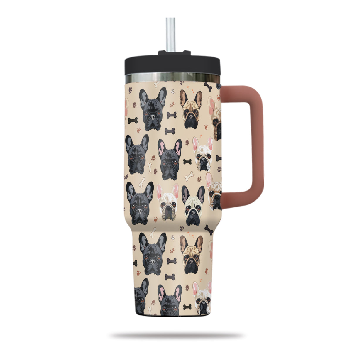 Cute French Bulldog Tumbler 40oz With Handle, French Bulldog Pattern 40oz Tumbler, Dog Paw Photo Tumbler with Straw, Dog Lover Tumbler, Stainless Steel Tumbler, Insulated Tumbler 01