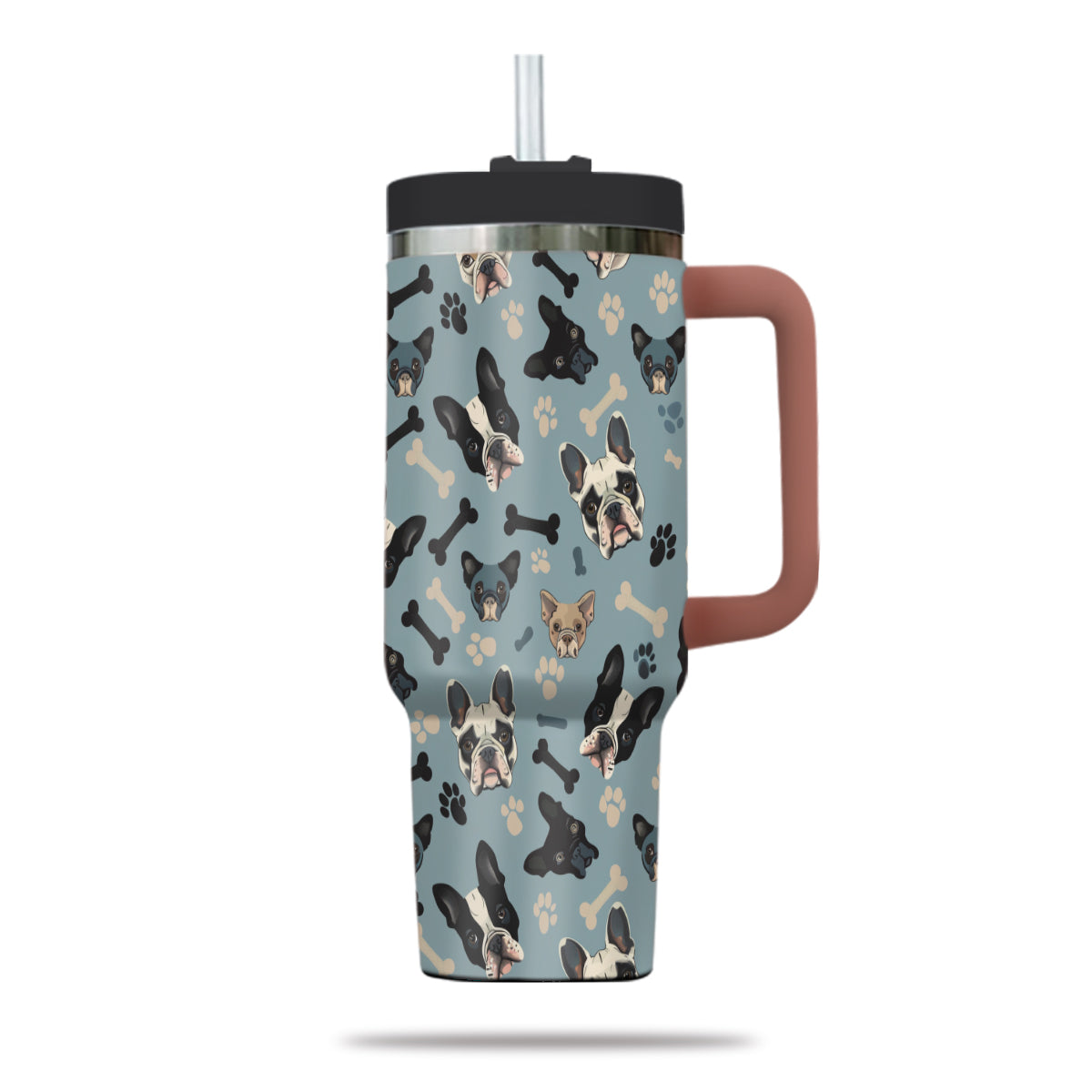 Cute French Bulldog Tumbler 40oz With Handle, French Bulldog Pattern 40oz Tumbler, Dog Paw Photo Tumbler with Straw, Dog Lover Tumbler, Stainless Steel Tumbler, Insulated Tumbler 02