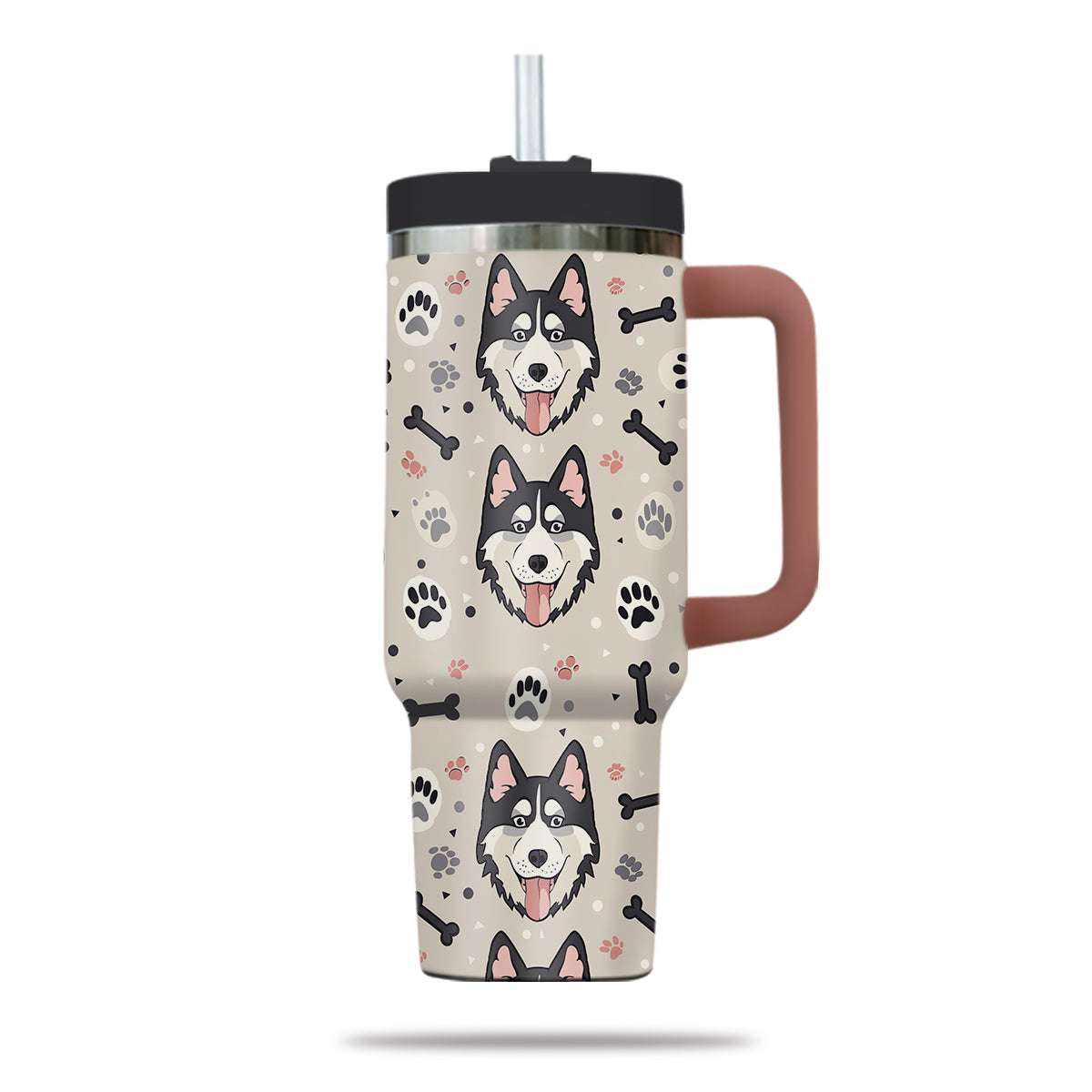 Cute Siberian Husky Tumbler 40oz With Handle, Siberian Husky Pattern 40oz Tumbler, Dog Paw Photo Tumbler with Straw, Dog Lover Tumbler, Stainless Steel Tumbler, Insulated Tumbler 02