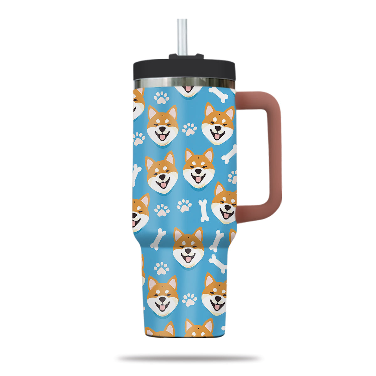 Cute Shiba Tumbler 40oz With Handle, Shiba Pattern 40oz Tumbler, Dog Paw Photo Tumbler with Straw, Dog Lover Tumbler, Stainless Steel Tumbler, Insulated Tumbler 01