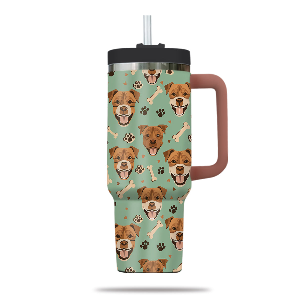 Cute Pitbull Tumbler 40oz With Handle, Pitbull Pattern 40oz Tumbler, Dog Paw Photo Tumbler with Straw, Dog Lover Tumbler, Stainless Steel Tumbler, Insulated Tumbler