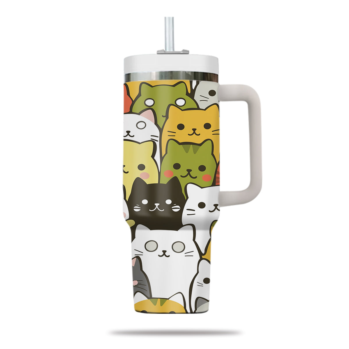 Cute Cat Tumbler 40oz With Handle, Cat Pattern 40oz Tumbler, Cat Lover Tumbler 40oz, Stainless Steel Tumbler, Insulated Tumbler 25