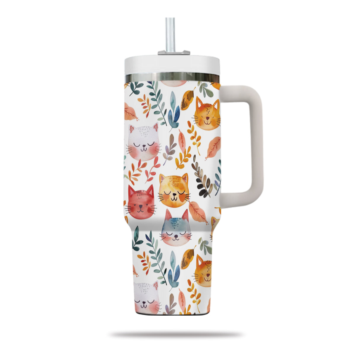 Cute Cat Tumbler 40oz With Handle, Cat Pattern 40oz Tumbler, Cat Lover Tumbler 40oz, Stainless Steel Tumbler, Insulated Tumbler 12