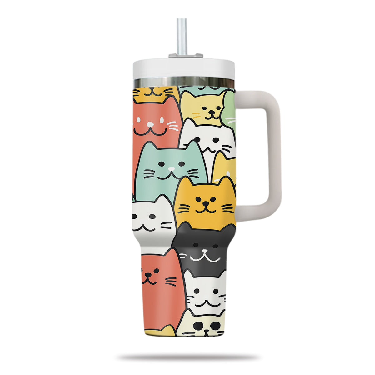 Cute Cat Tumbler 40oz With Handle, Cat Pattern 40oz Tumbler, Cat Lover Tumbler 40oz, Stainless Steel Tumbler, Insulated Tumbler 26