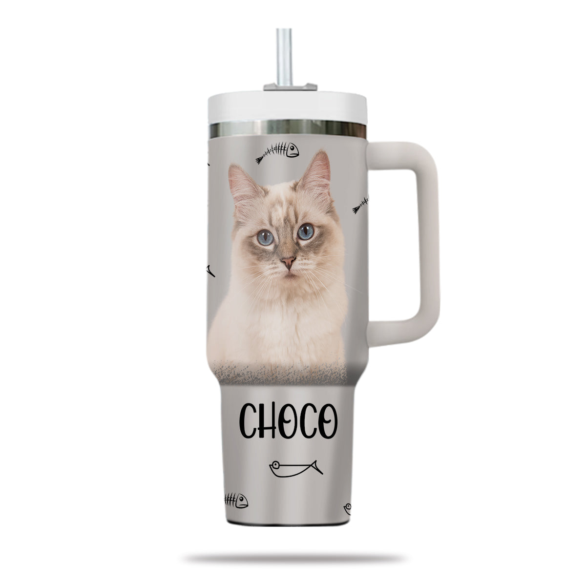 Custom Pet Photo Tumbler 40oz With Handle, Watercolor Pet Portrait From Photo Tumbler,  Personalized Cat Face Photo Tumbler with Straw, Cat Lover Tumbler, Stainless Steel Tumbler, Insulated Tumbler 16