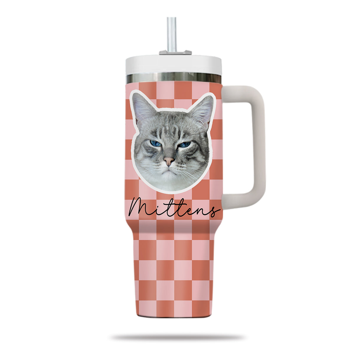 Custom Pet Portrait Tumbler With Pet Name Photo, Custom Dog Tumbler Personalized Cat Tumbler 40oz With Handle, Custom Checkered Tumbler Puppy Gift Pet Travel Mug, Stainless Steel Tumbler, Insulated Tumbler 17