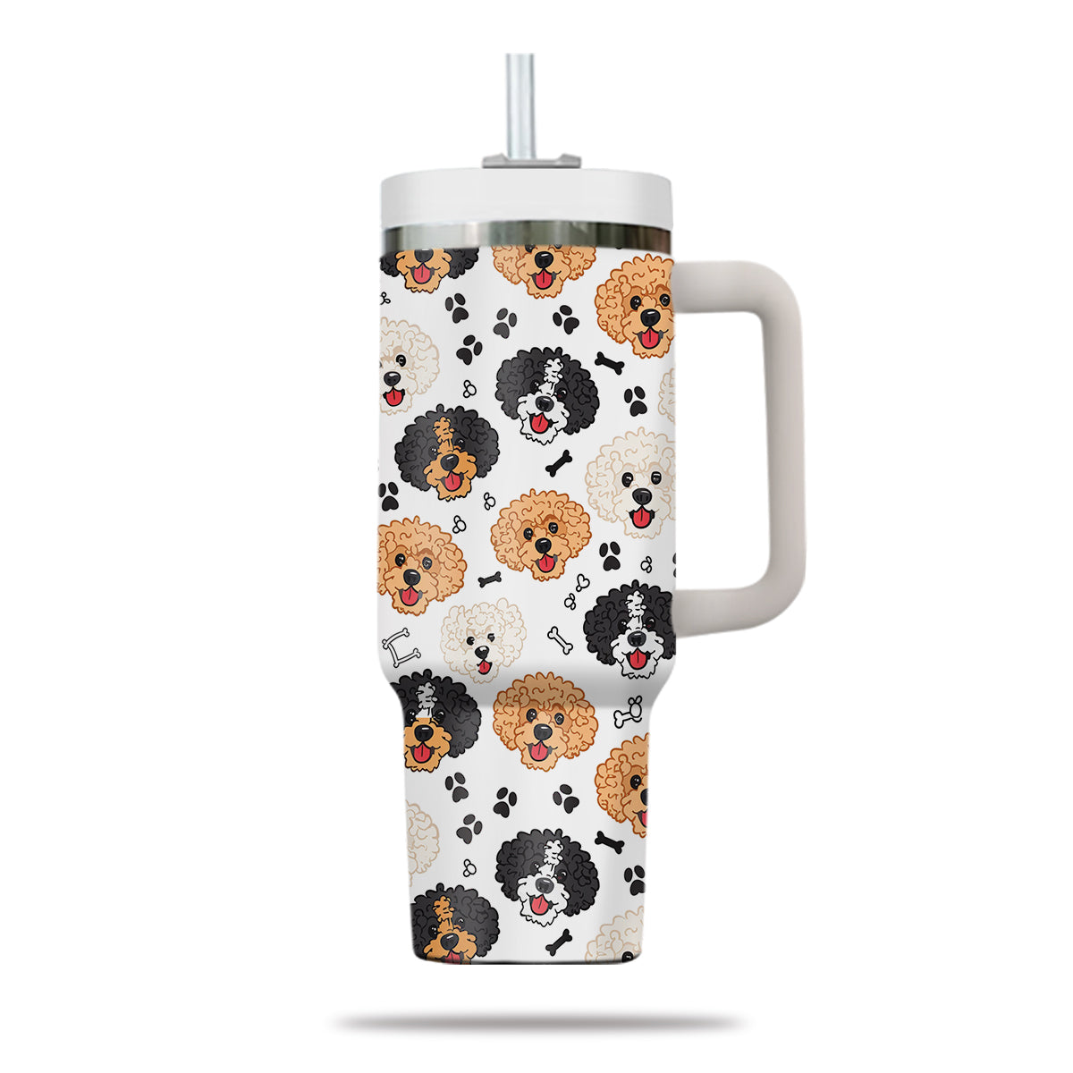 Cute Poodle Tumbler 40oz With Handle, Poodle Pattern 40oz Tumbler, Dog Paw Photo Tumbler with Straw, Dog Lover Tumbler, Stainless Steel Tumbler, Insulated Tumbler 02