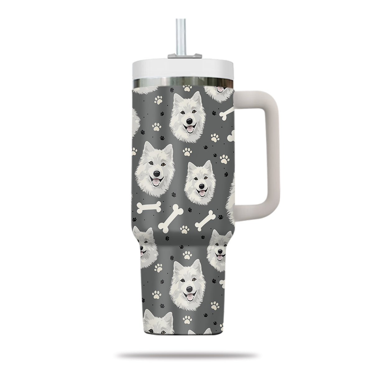 Cute Samoyed Tumbler 40oz With Handle, Samoyed Pattern 40oz Tumbler, Dog Paw Photo Tumbler with Straw, Dog Lover Tumbler, Stainless Steel Tumbler, Insulated Tumbler 02