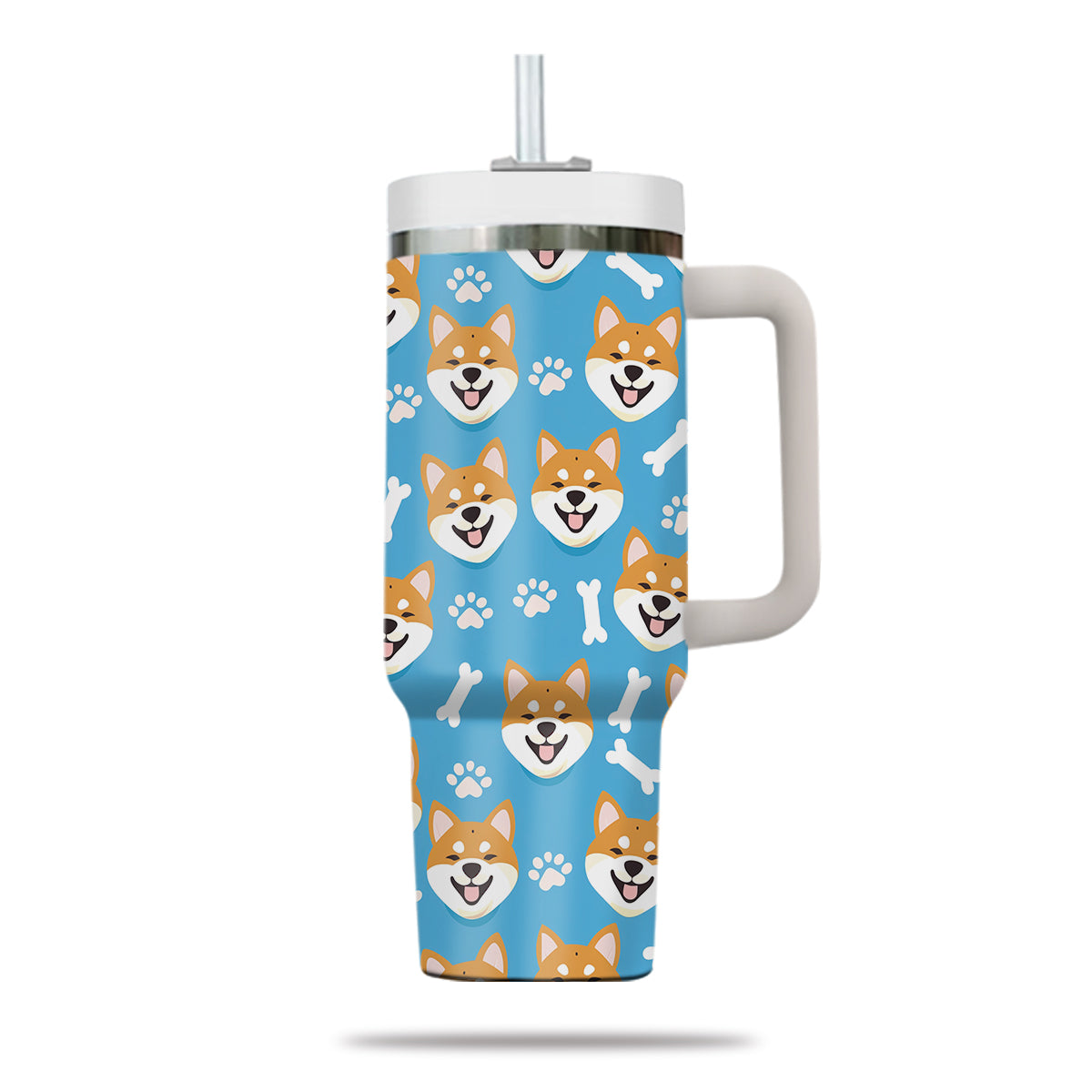 Cute Shiba Tumbler 40oz With Handle, Shiba Pattern 40oz Tumbler, Dog Paw Photo Tumbler with Straw, Dog Lover Tumbler, Stainless Steel Tumbler, Insulated Tumbler 01