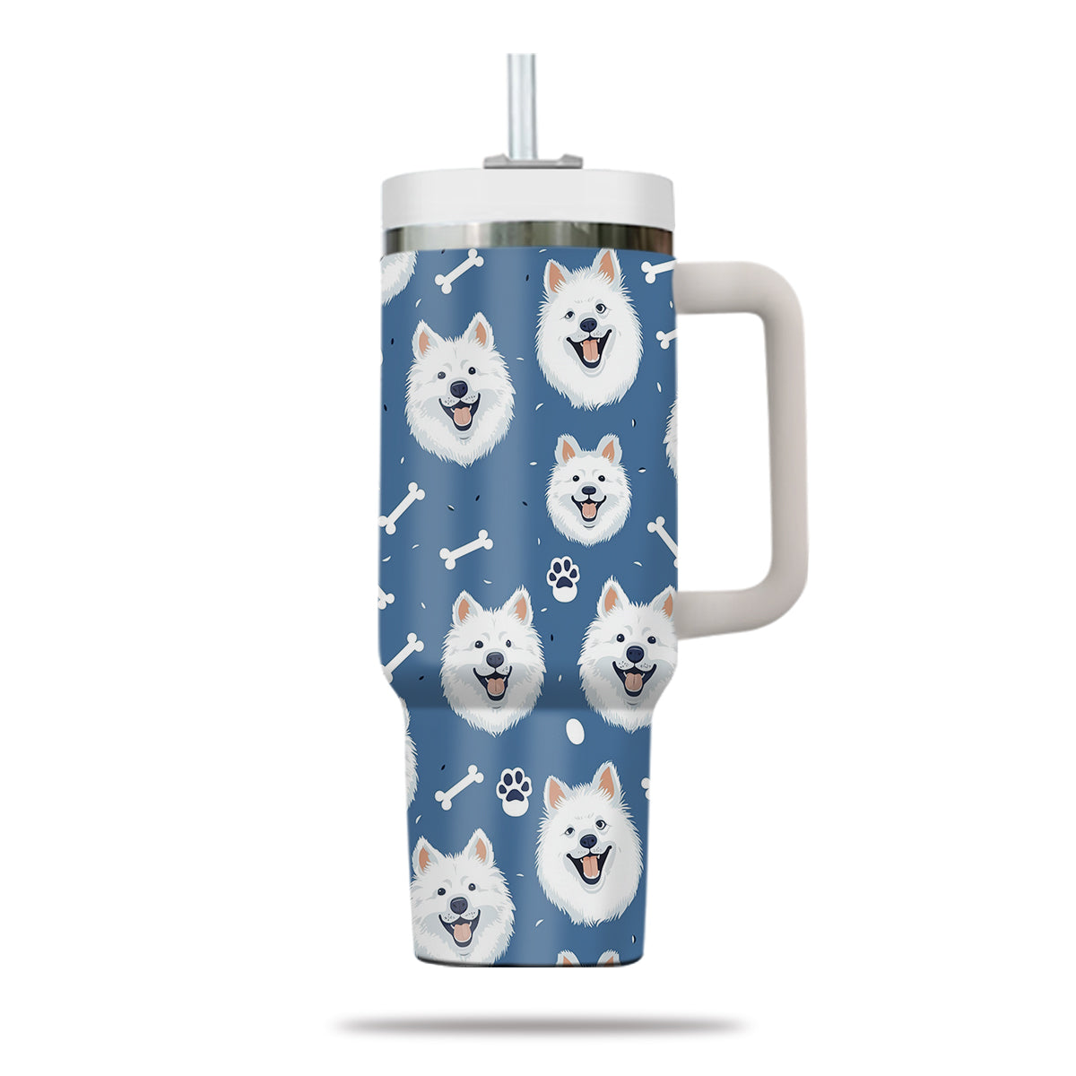 Cute Samoyed Tumbler 40oz With Handle, Samoyed Pattern 40oz Tumbler, Dog Paw Photo Tumbler with Straw, Dog Lover Tumbler, Stainless Steel Tumbler, Insulated Tumbler 01