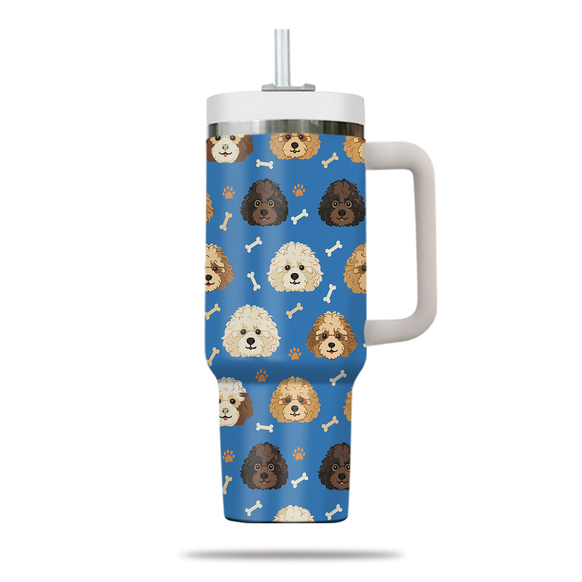 Cute Poodle Tumbler 40oz With Handle, Poodle Pattern 40oz Tumbler, Dog Paw Photo Tumbler with Straw, Dog Lover Tumbler, Stainless Steel Tumbler, Insulated Tumbler 01