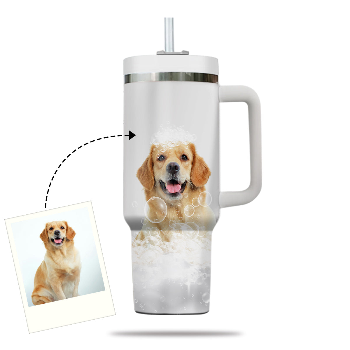 Custom Pet Portrait Photo Tumbler 40oz With Handle, Animal in Tub, Funny Bathroom Art, Dog In Bathtub Print, Puppies Tumbler with Straw, Dog Lover Tumbler, Stainless Steel Tumbler, Insulated Tumbler 19