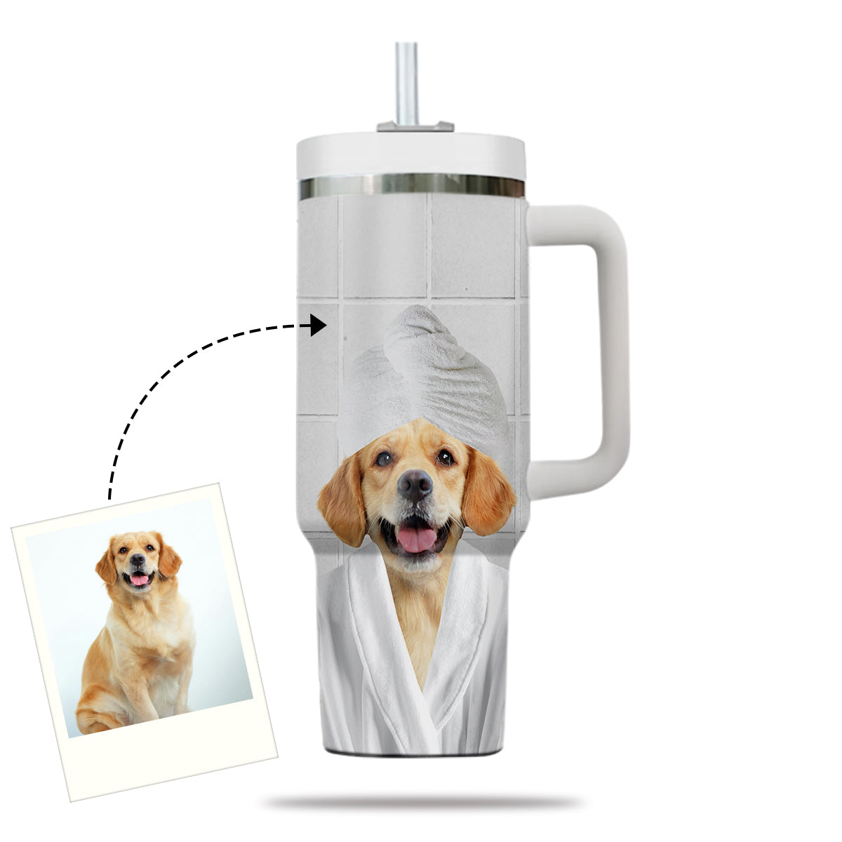 Custom Pet Portrait Photo Tumbler 40oz With Handle, Animal in Tub, Funny Bathroom Art, Dog In Bathtub Print, Puppies Tumbler with Straw, Dog Lover Tumbler, Stainless Steel Tumbler, Insulated Tumbler 19