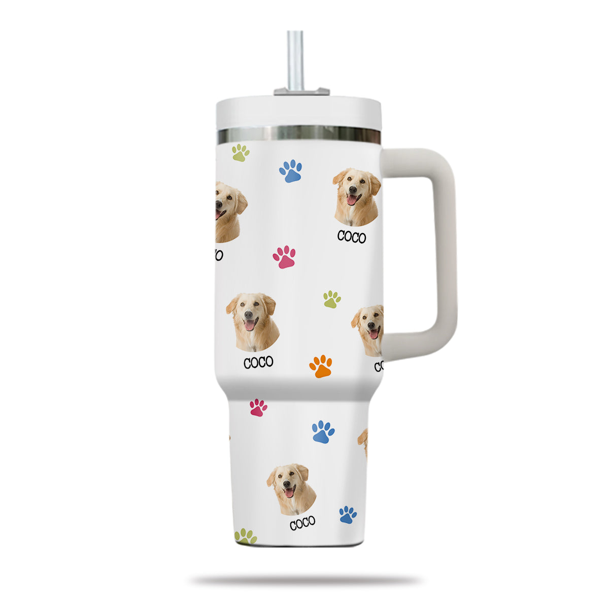 Custom Pet Photo Tumbler 40oz With Handle, Just A Girl Who Loves Dogs: Personalized Cute Dog Gifts for Dog Mom, Pets, Paw Prints , Puppies Tumbler with Straw, Dog Lover Tumbler, Favorite Pet Tumbler, Stainless Steel Tumbler, Insulated Tumbler 09