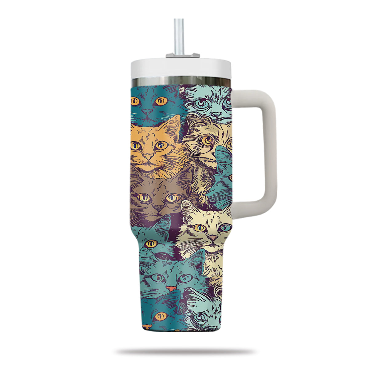 Cute Cat Tumbler 40oz With Handle, Cat Pattern 40oz Tumbler, Cat Lover Tumbler 40oz, Stainless Steel Tumbler, Insulated Tumbler 24