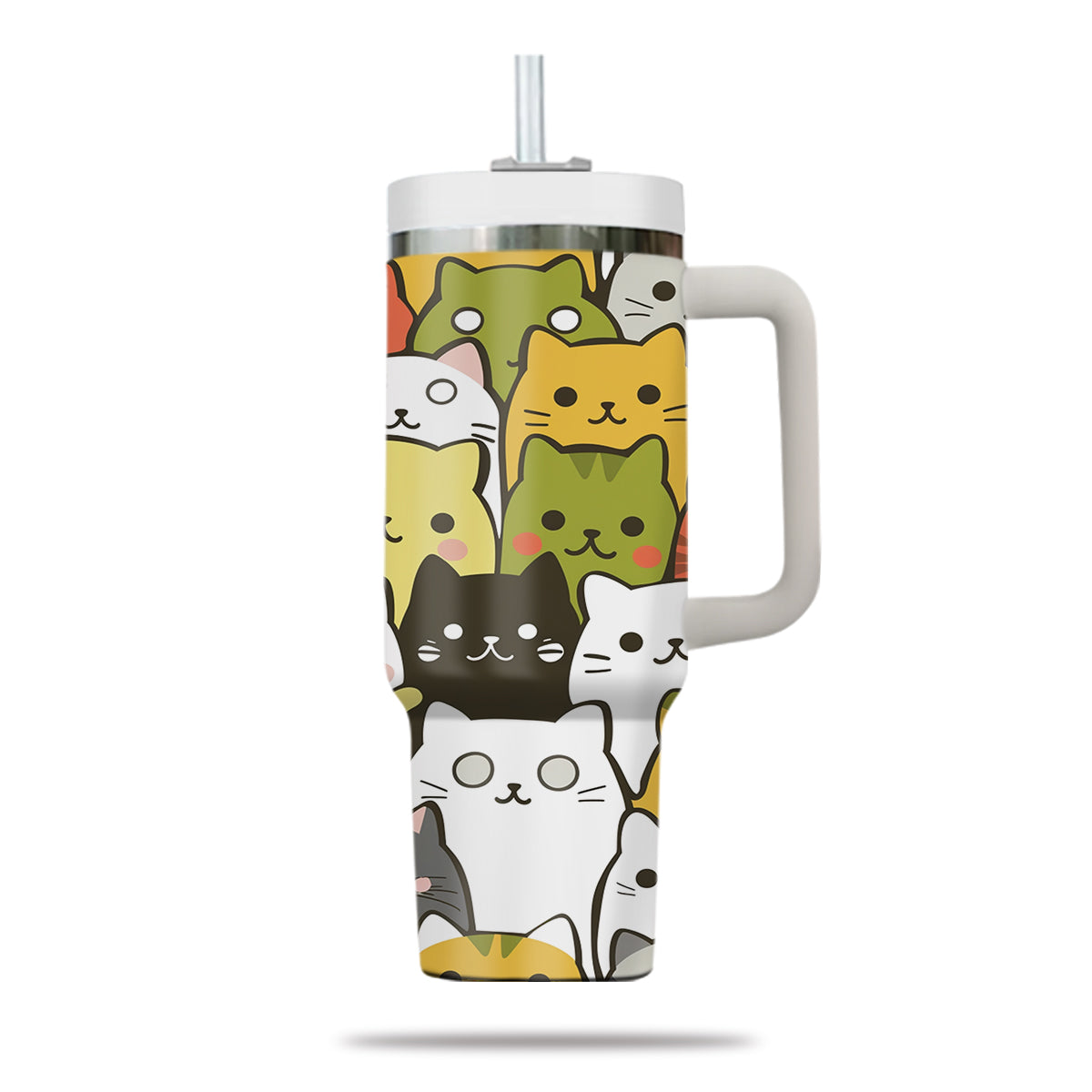 Cute Cat Tumbler 40oz With Handle, Cat Pattern 40oz Tumbler, Cat Lover Tumbler 40oz, Stainless Steel Tumbler, Insulated Tumbler 25