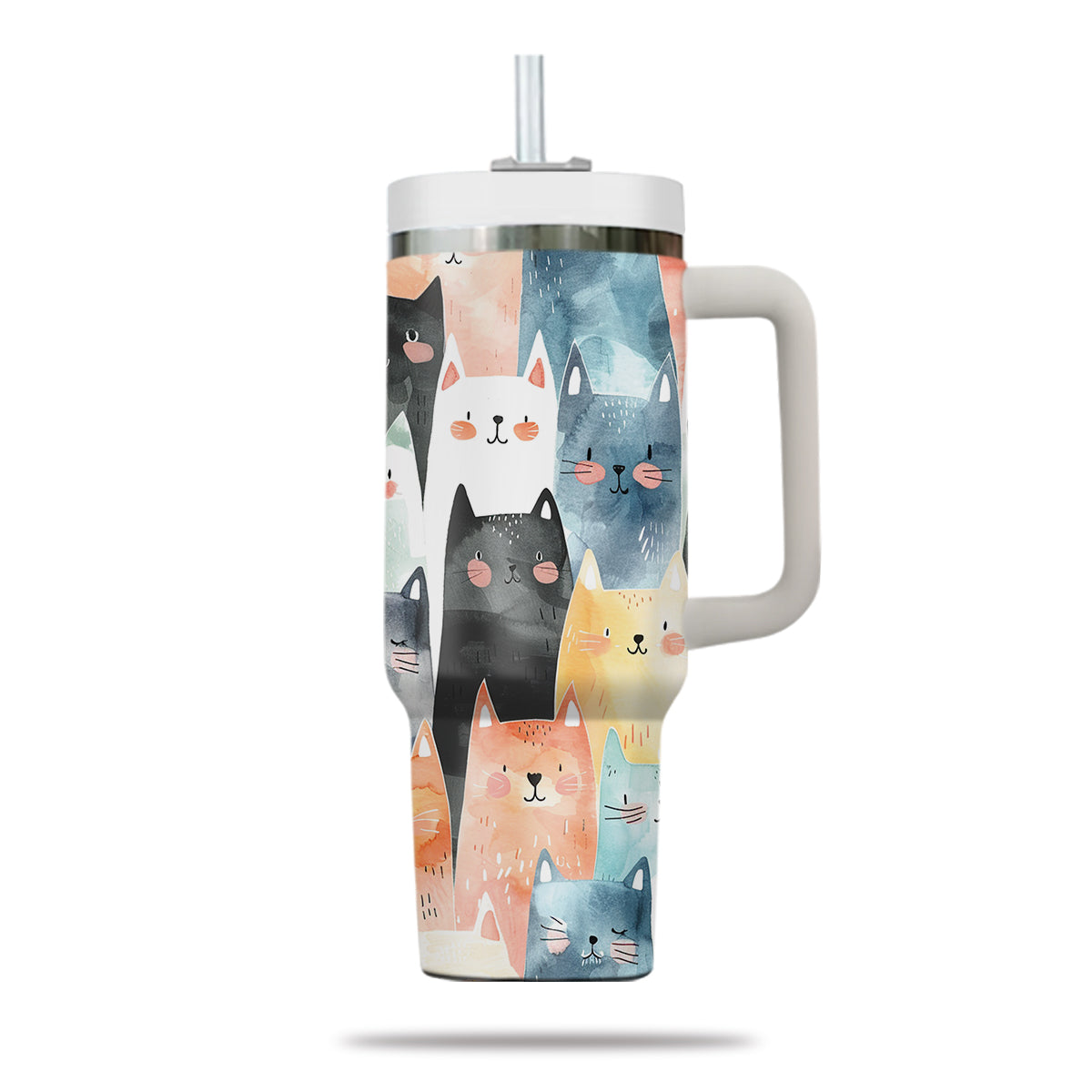 Cute Cat Tumbler 40oz With Handle, Cat Pattern 40oz Tumbler, Cat Lover Tumbler 40oz, Stainless Steel Tumbler, Insulated Tumbler 19