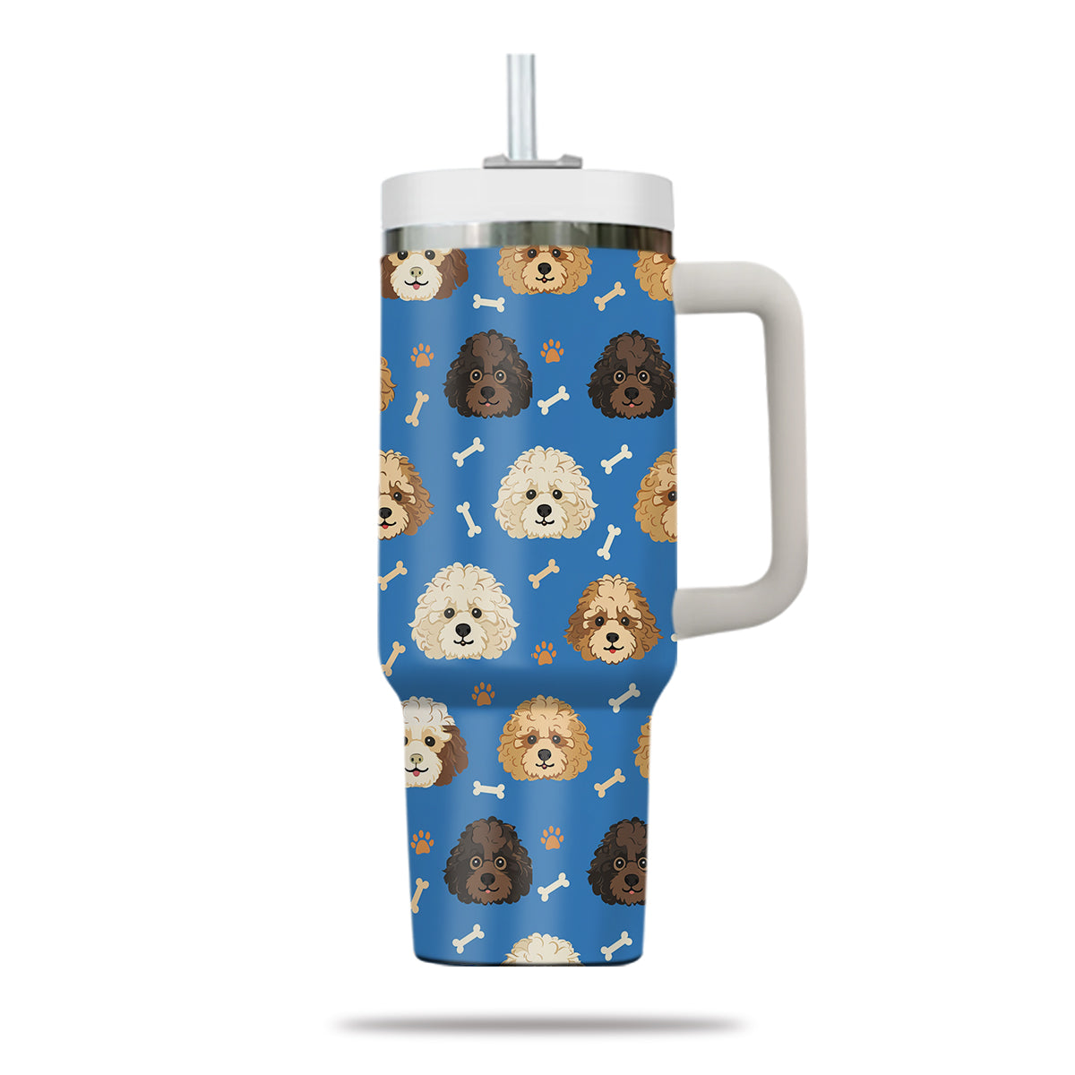 Cute Poodle Tumbler 40oz With Handle, Poodle Pattern 40oz Tumbler, Dog Paw Photo Tumbler with Straw, Dog Lover Tumbler, Stainless Steel Tumbler, Insulated Tumbler 01