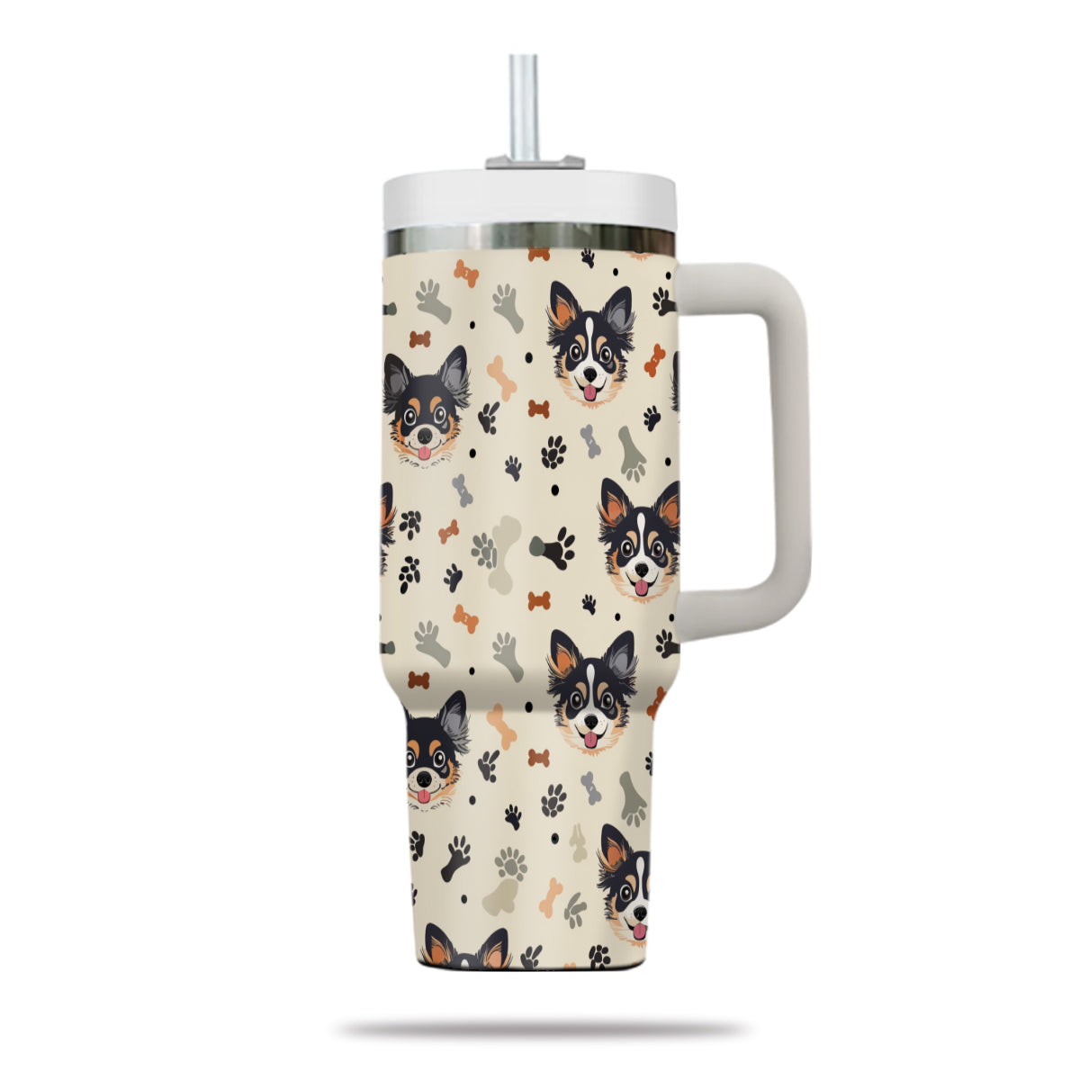 Cute Chihuahua Tumbler 40oz With Handle, Chihuahua Pattern 40oz Tumbler, Dog Paw Photo Tumbler with Straw, Dog Lover Tumbler, Stainless Steel Tumbler, Insulated Tumbler