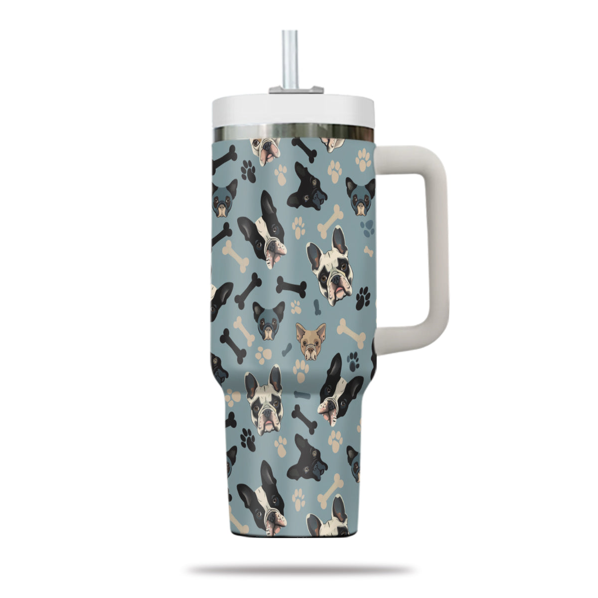 Cute French Bulldog Tumbler 40oz With Handle, French Bulldog Pattern 40oz Tumbler, Dog Paw Photo Tumbler with Straw, Dog Lover Tumbler, Stainless Steel Tumbler, Insulated Tumbler 02