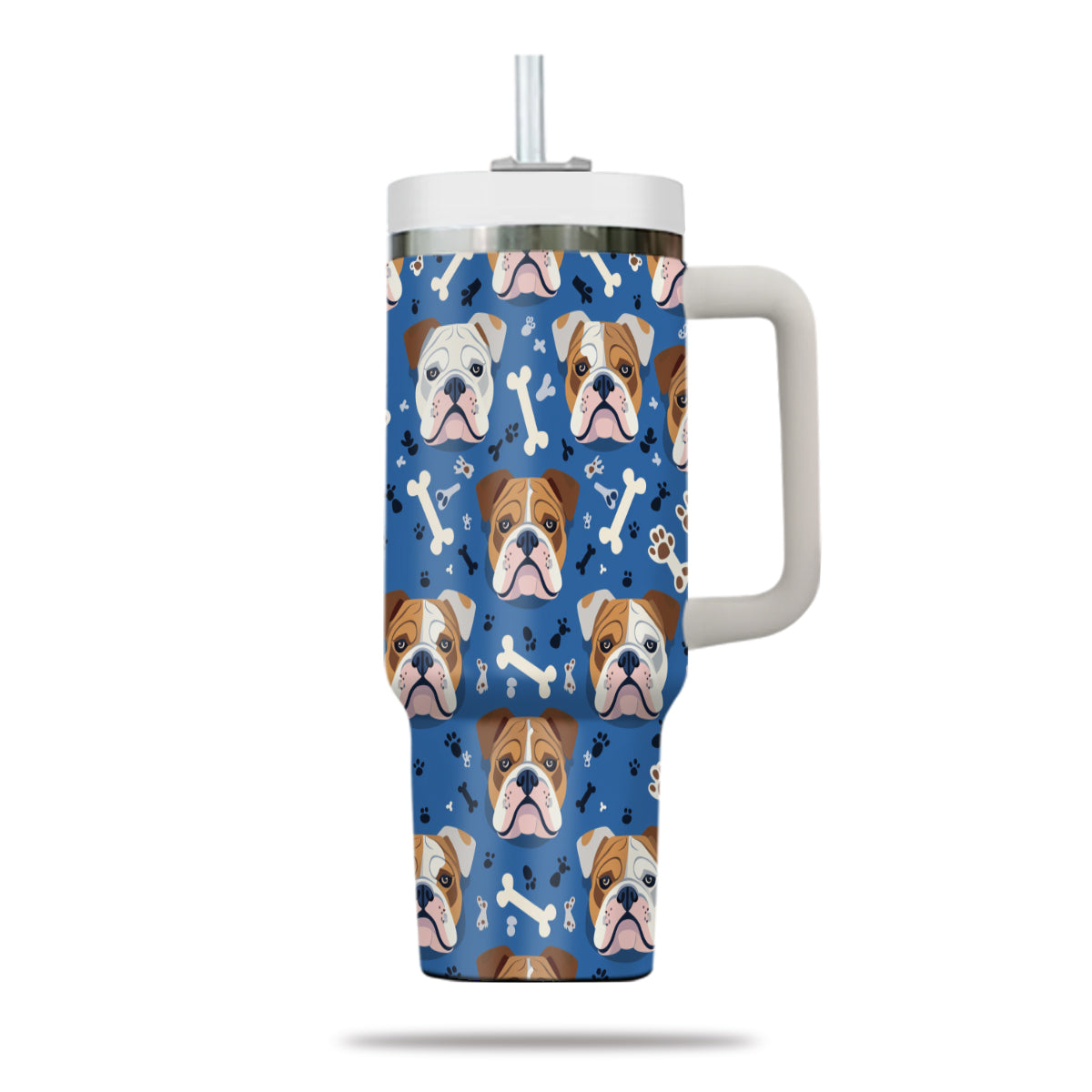 Cute Bulldog Tumbler 40oz With Handle, Bulldog Pattern 40oz Tumbler, Dog Paw Photo Tumbler with Straw, Dog Lover Tumbler, Stainless Steel Tumbler, Insulated Tumbler