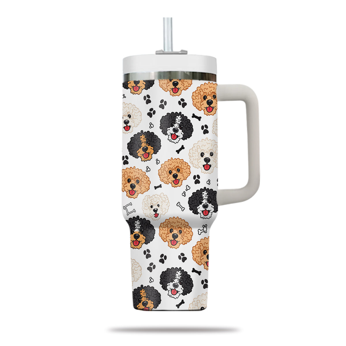 Cute Poodle Tumbler 40oz With Handle, Poodle Pattern 40oz Tumbler, Dog Paw Photo Tumbler with Straw, Dog Lover Tumbler, Stainless Steel Tumbler, Insulated Tumbler 02