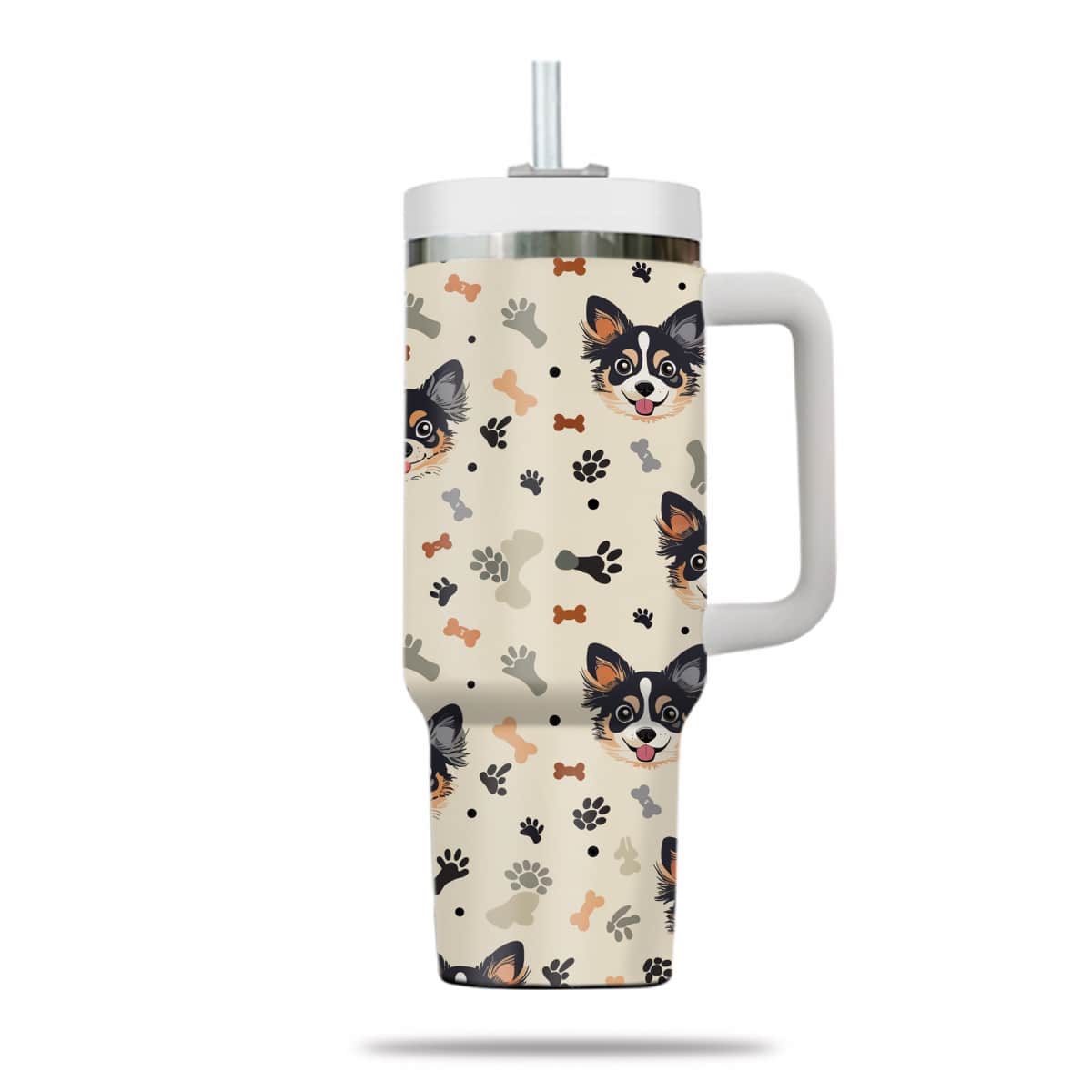 Cute Chihuahua Tumbler 40oz With Handle, Chihuahua Pattern 40oz Tumbler, Dog Paw Photo Tumbler with Straw, Dog Lover Tumbler, Stainless Steel Tumbler, Insulated Tumbler