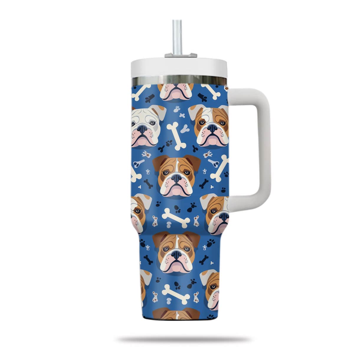 Cute Bulldog Tumbler 40oz With Handle, Bulldog Pattern 40oz Tumbler, Dog Paw Photo Tumbler with Straw, Dog Lover Tumbler, Stainless Steel Tumbler, Insulated Tumbler