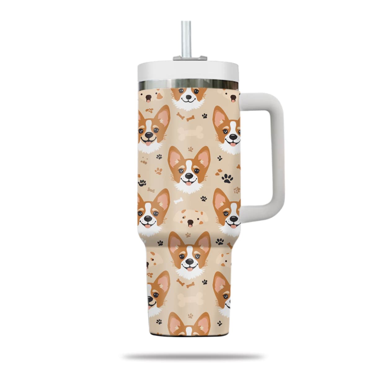 Cute Corgi Tumbler 40oz With Handle, Corgi Pattern 40oz Tumbler, Dog Paw Photo Tumbler with Straw, Dog Lover Tumbler, Stainless Steel Tumbler, Insulated Tumbler