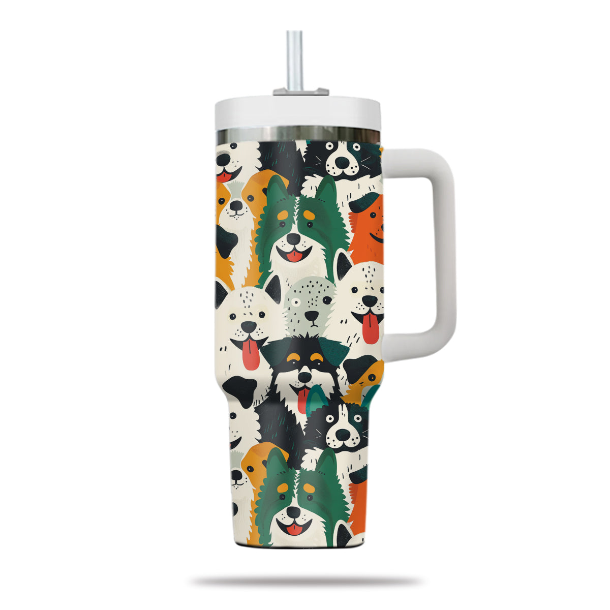 Cute Dog Tumbler 40oz With Handle, Dog Face Pattern 40oz Tumbler, Puppies Tumbler with Straw, Dog Lover Tumbler, Stainless Steel Tumbler, Insulated Tumbler 01